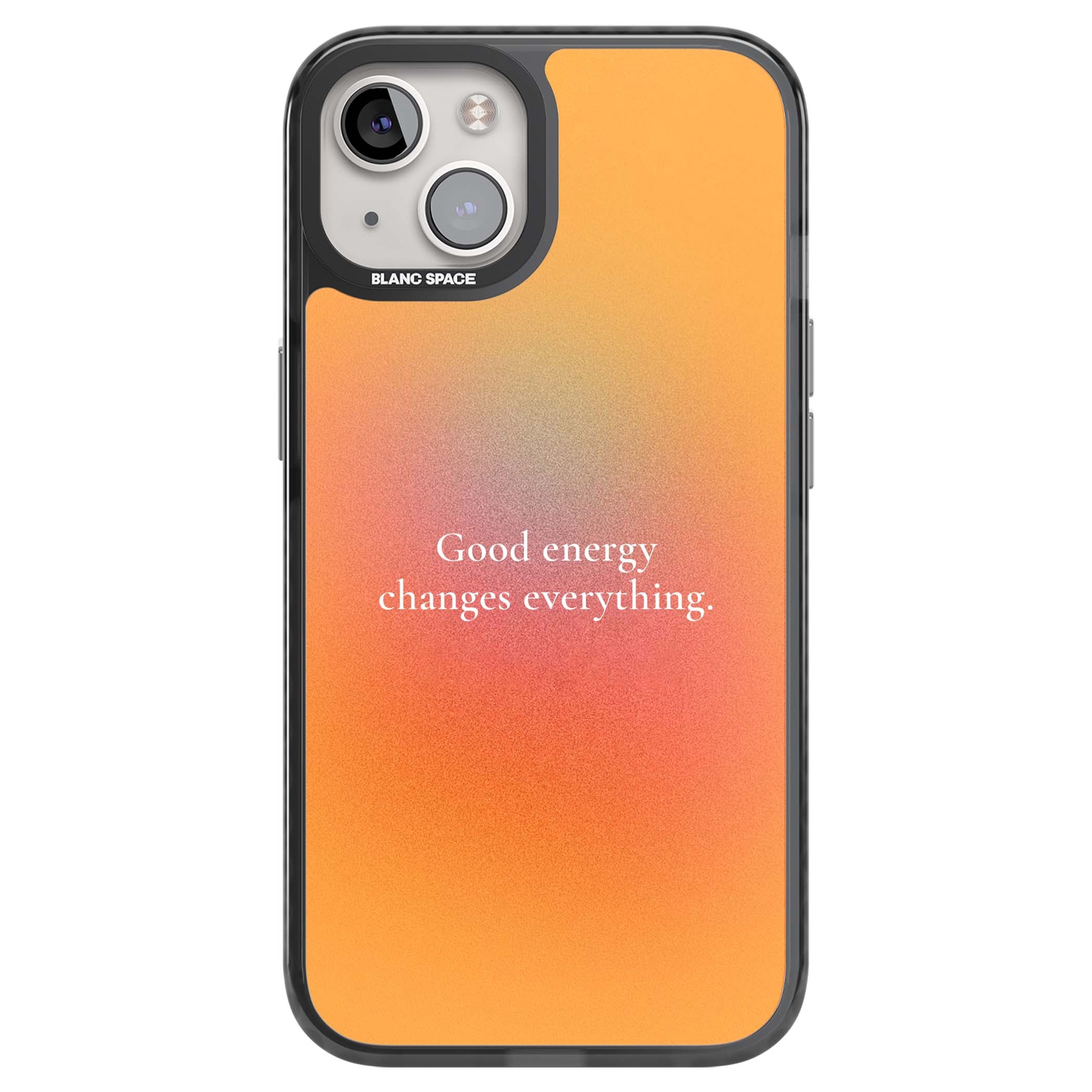 Good Energy quote iPhone case featuring an orange and pink aura gradient with white serif affirmation text | Black Impact Magsafe case for iPhone 13, iPhone 14, iPhone 15