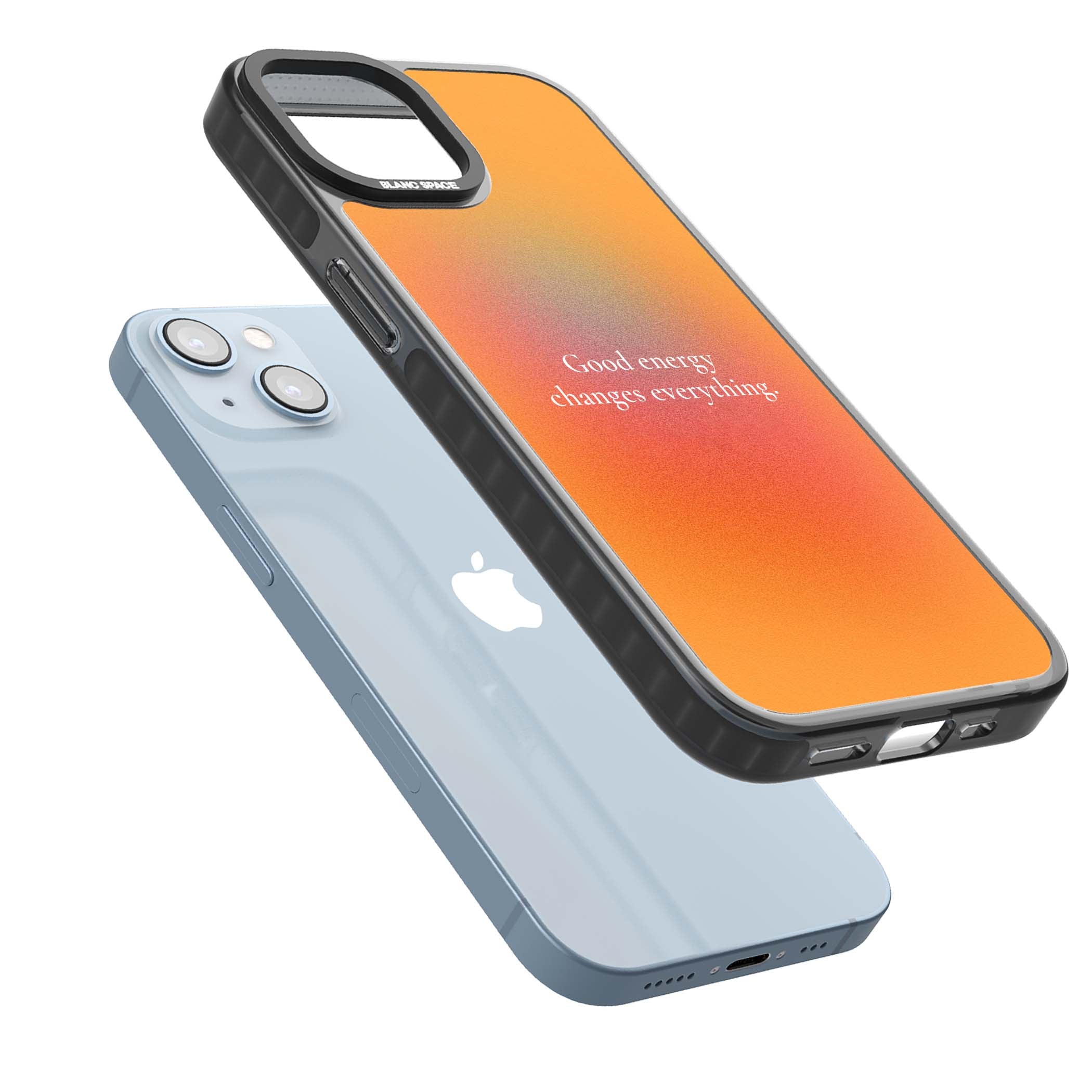 Good Energy quote iPhone case featuring an orange and pink aura gradient with white serif affirmation text | Black Impact Magsafe case for iPhone 13, iPhone 14, iPhone 15