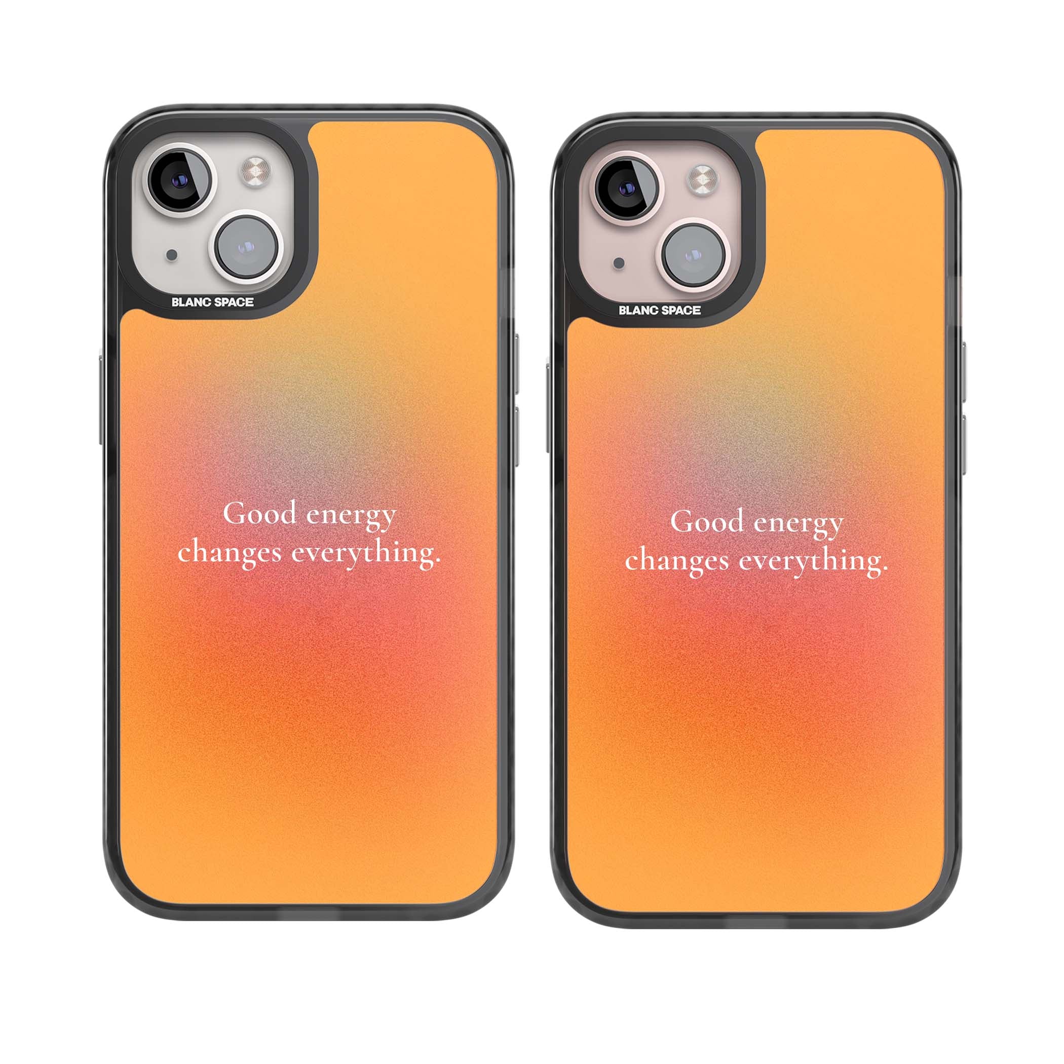 Good Energy quote iPhone case featuring an orange and pink aura gradient with white serif affirmation text | Black Impact Magsafe case for iPhone 13, iPhone 14, iPhone 15