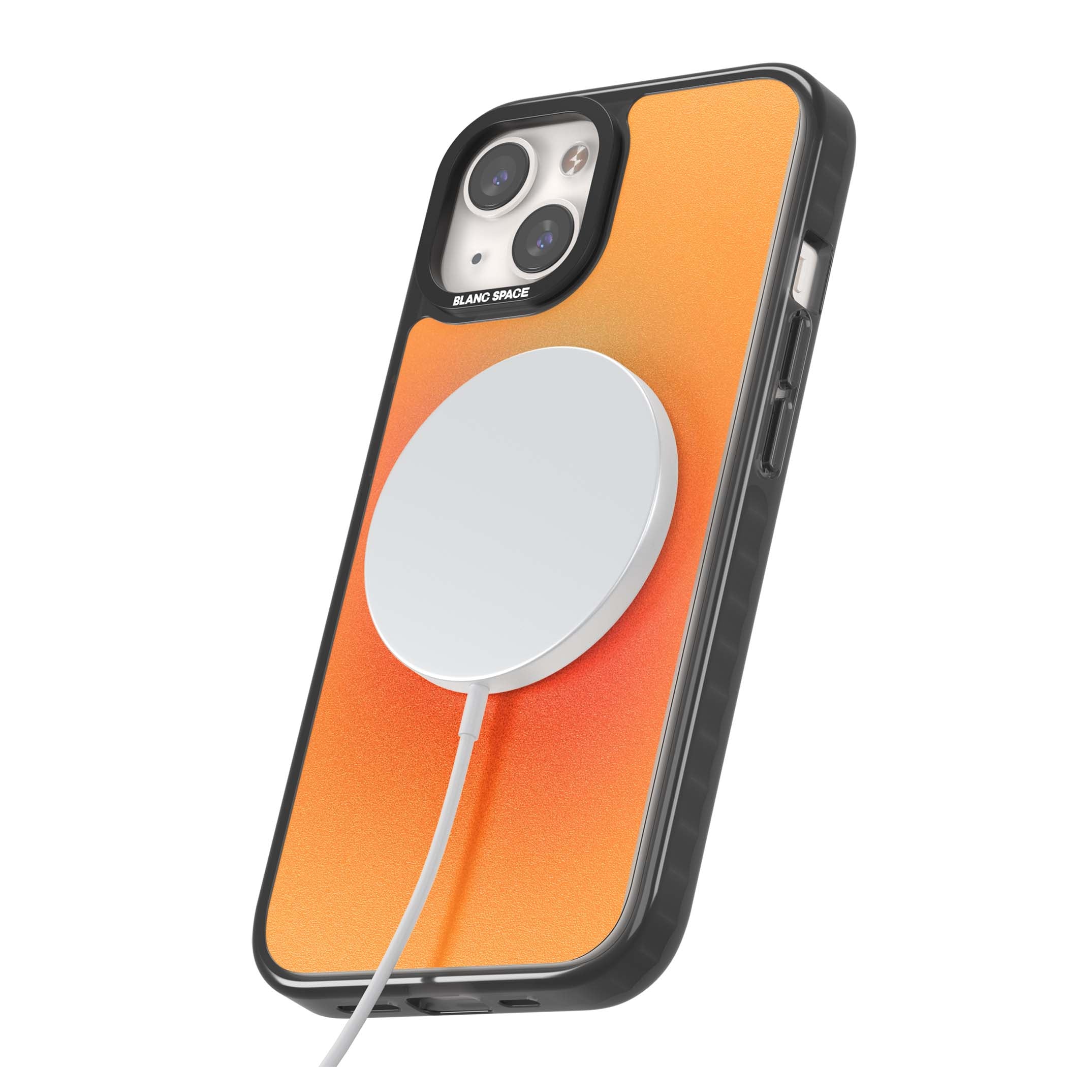 Good Energy quote iPhone case featuring an orange and pink aura gradient with white serif affirmation text | Black Impact Magsafe case for iPhone 13, iPhone 14, iPhone 15
