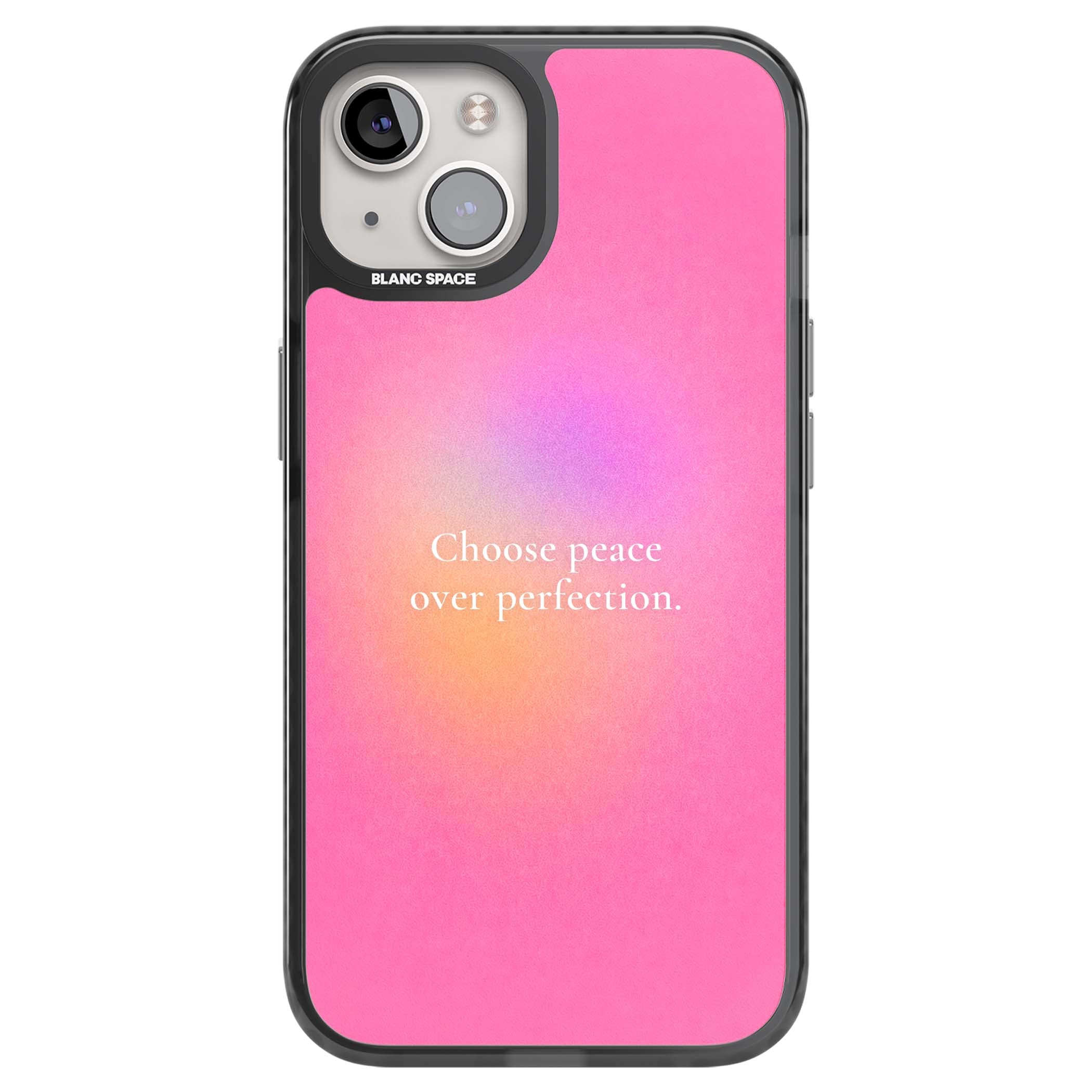 Peace Over Perfection quote iPhone case featuring a dreamy pink aura gradient and delicate white affirmation text | Black Impact Magsafe case for iPhone 13, iPhone 14, iPhone 15