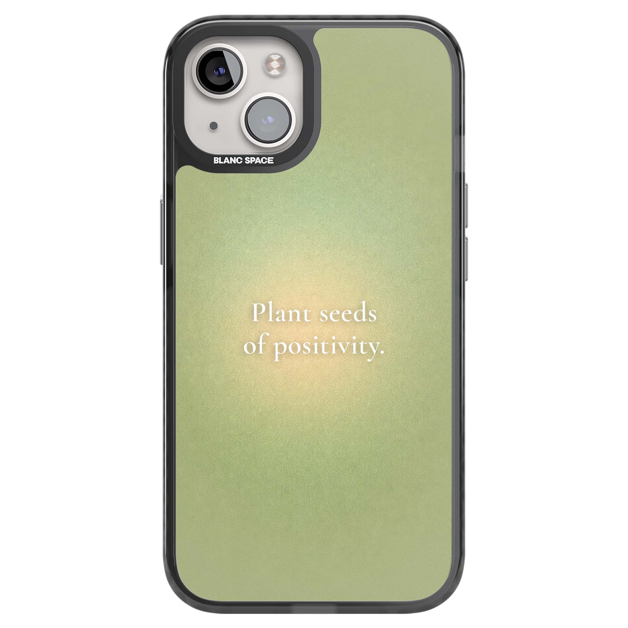 Seeds of Positivity quote iPhone case featuring a sage green aura gradient and golden glow affirmation | Black Impact Magsafe case for iPhone 13, iPhone 14, iPhone 15