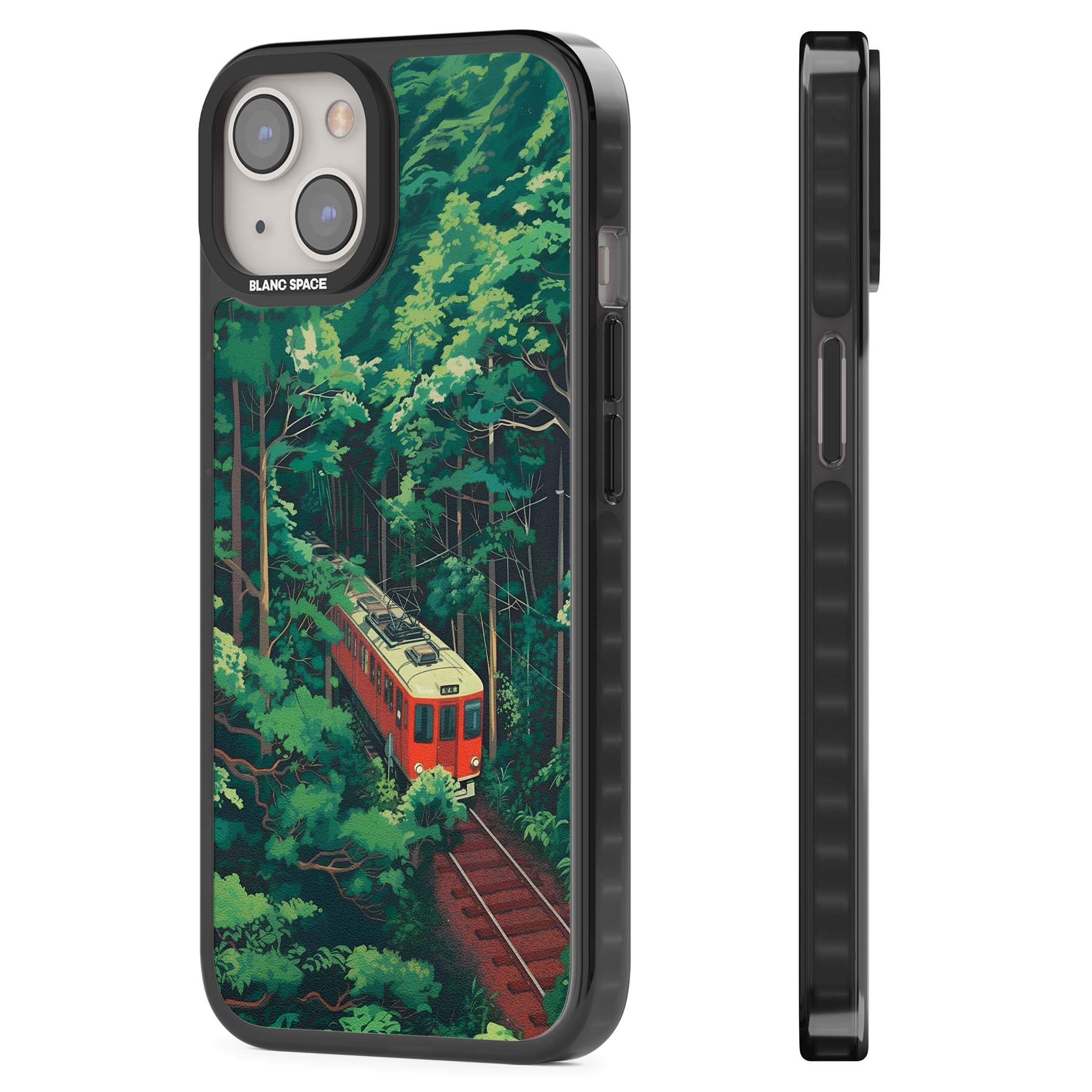 Railway In Toyama Japanese iPhone case featuring a red train, cedar forest and winding mountain railway tracks | Black Impact Magsafe case for iPhone 13, iPhone 14, iPhone 15