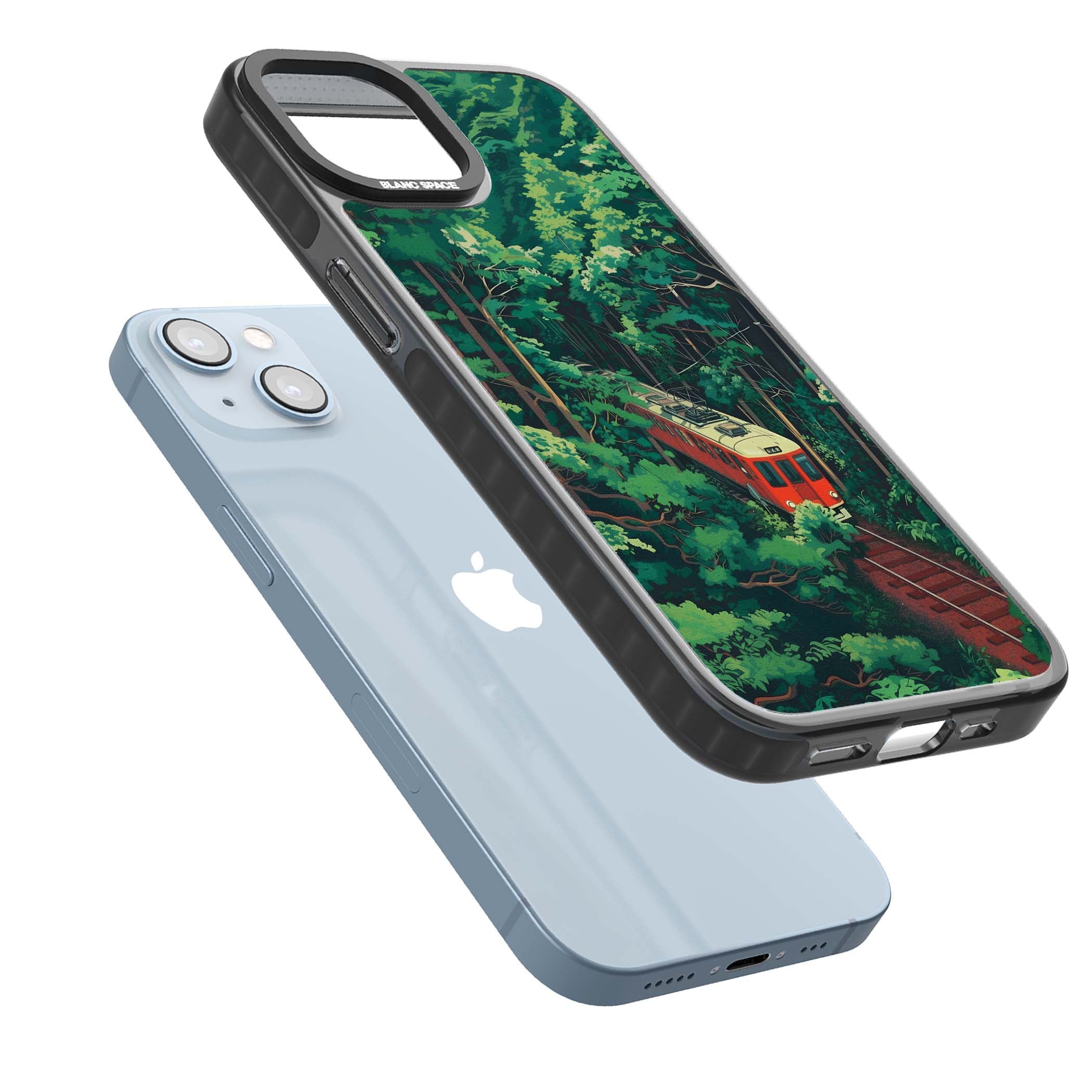 Railway In Toyama Japanese iPhone case featuring a red train, cedar forest and winding mountain railway tracks | Black Impact Magsafe case for iPhone 13, iPhone 14, iPhone 15