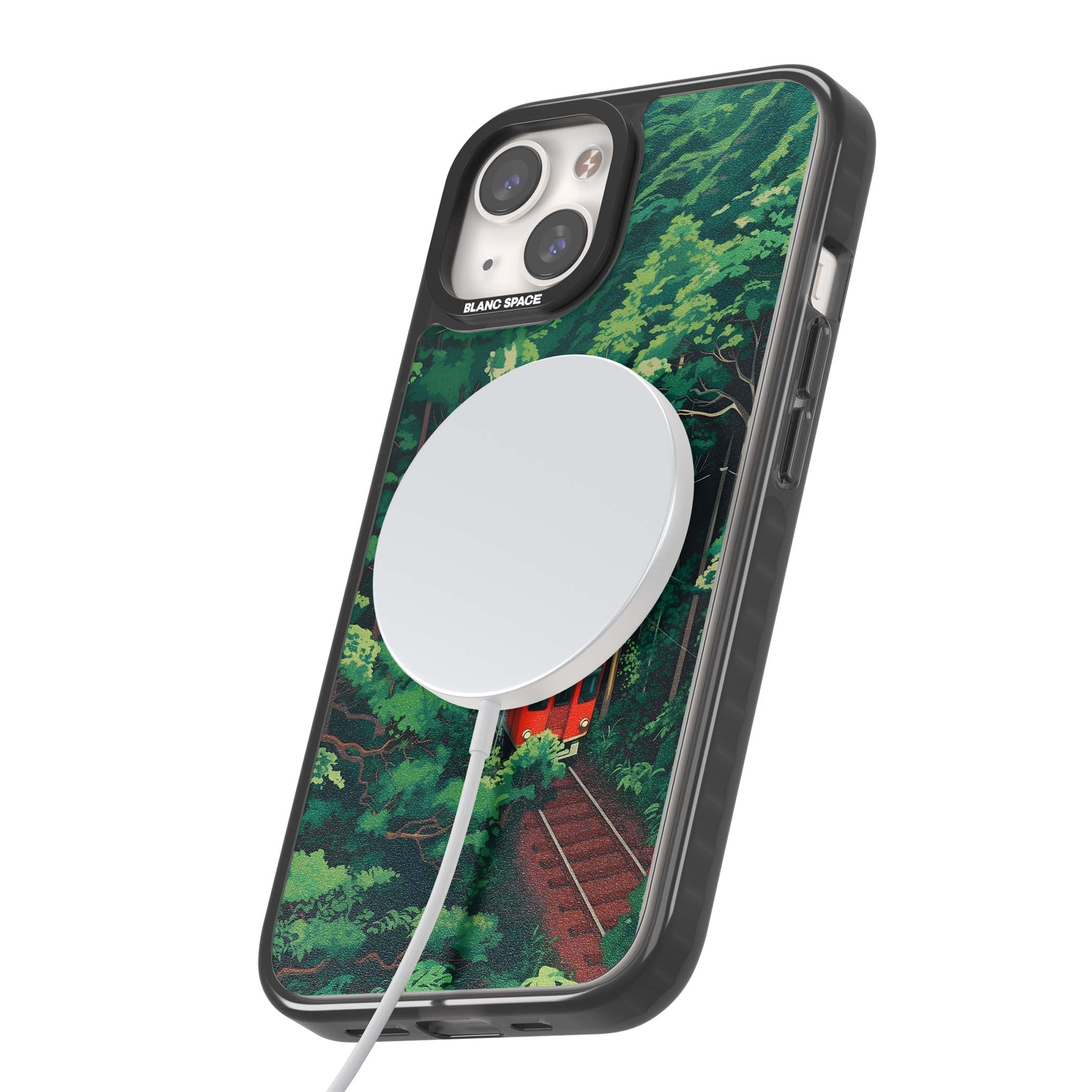 Railway In Toyama Japanese iPhone case featuring a red train, cedar forest and winding mountain railway tracks | Black Impact Magsafe case for iPhone 13, iPhone 14, iPhone 15