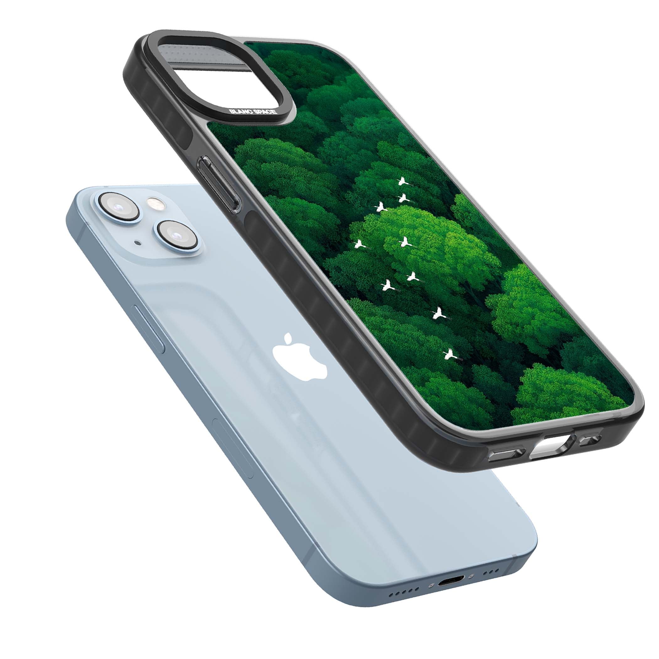 Grove Migration forest iPhone case featuring white cranes flying over lush green treetop canopy | Black Impact Magsafe case for iPhone 13, iPhone 14, iPhone 15