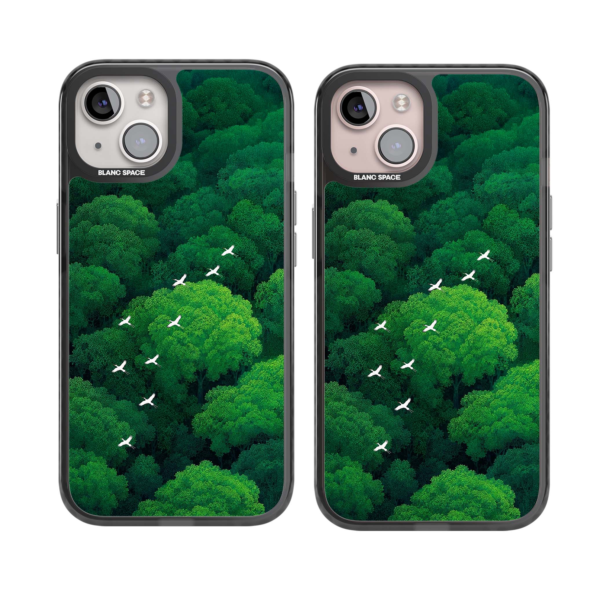 Grove Migration forest iPhone case featuring white cranes flying over lush green treetop canopy | Black Impact Magsafe case for iPhone 13, iPhone 14, iPhone 15