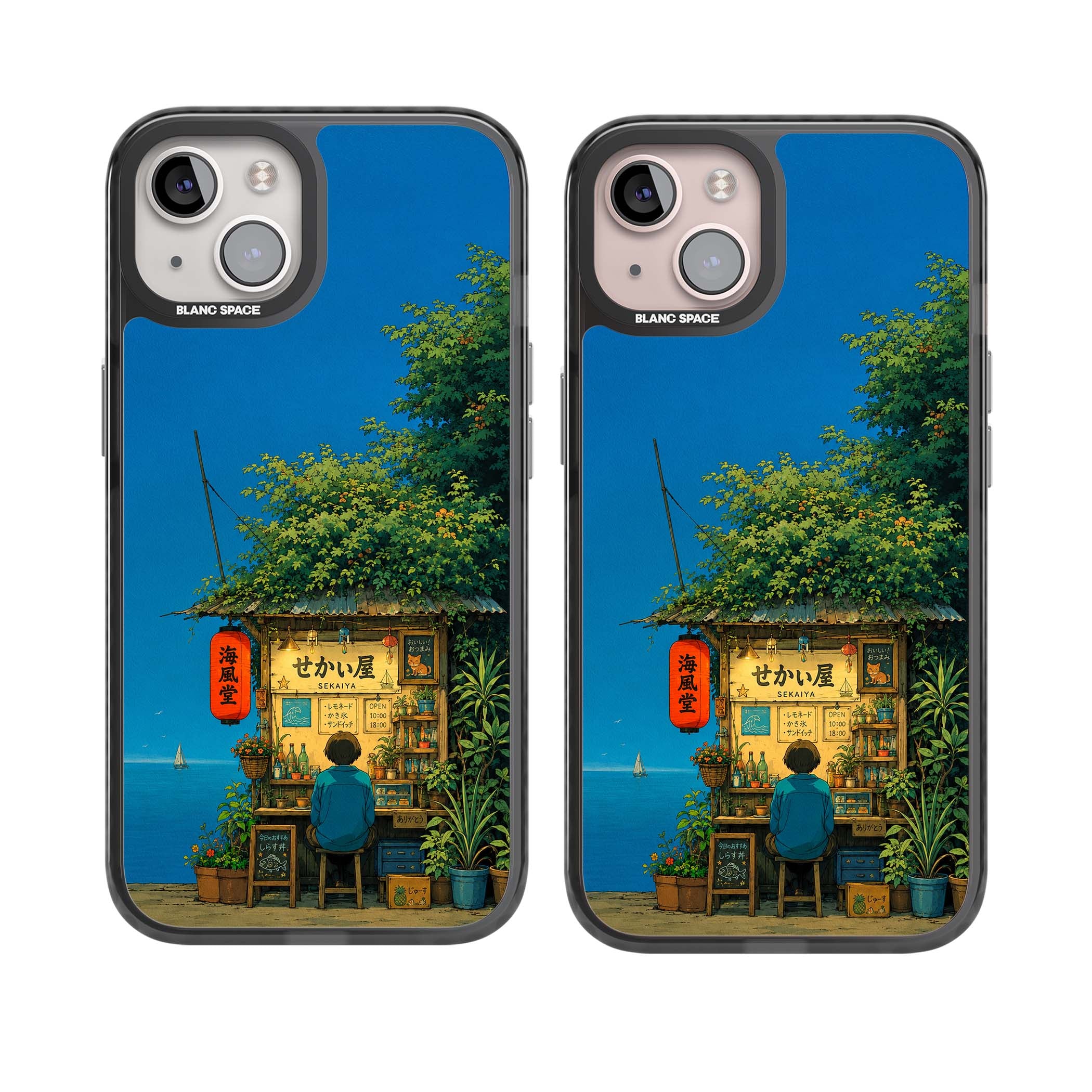 The Shirahama Kiosk anime iPhone case featuring a Japanese seaside shop, red paper lantern and ocean view | Black Impact Magsafe case for iPhone 13, iPhone 14, iPhone 15