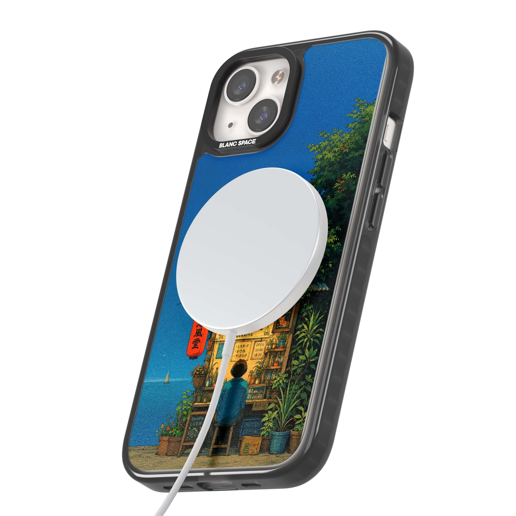 The Shirahama Kiosk anime iPhone case featuring a Japanese seaside shop, red paper lantern and ocean view | Black Impact Magsafe case for iPhone 13, iPhone 14, iPhone 15