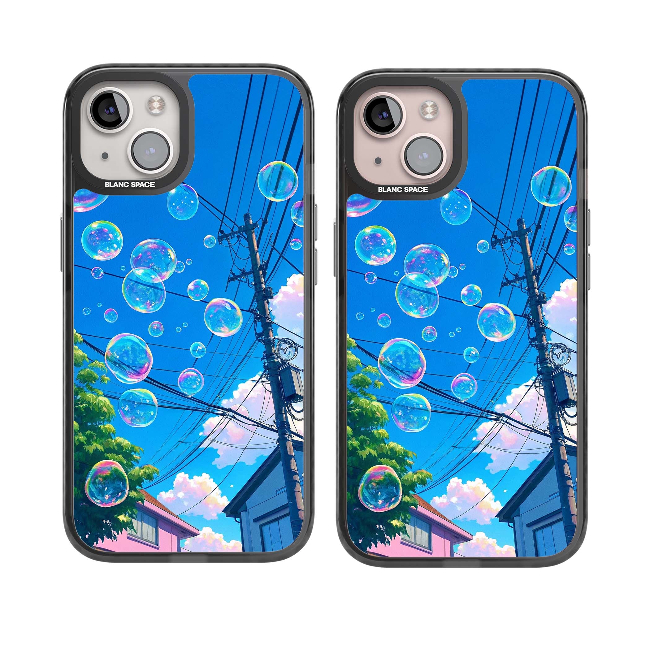Suburban Bubbles anime iPhone case featuring iridescent soap bubbles, blue sky and Japanese telephone wires | Black Impact Magsafe case for iPhone 13, iPhone 14, iPhone 15