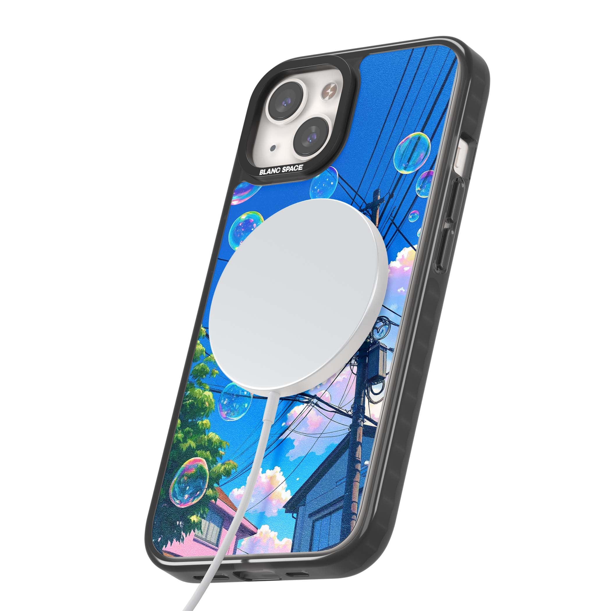 Suburban Bubbles anime iPhone case featuring iridescent soap bubbles, blue sky and Japanese telephone wires | Black Impact Magsafe case for iPhone 13, iPhone 14, iPhone 15