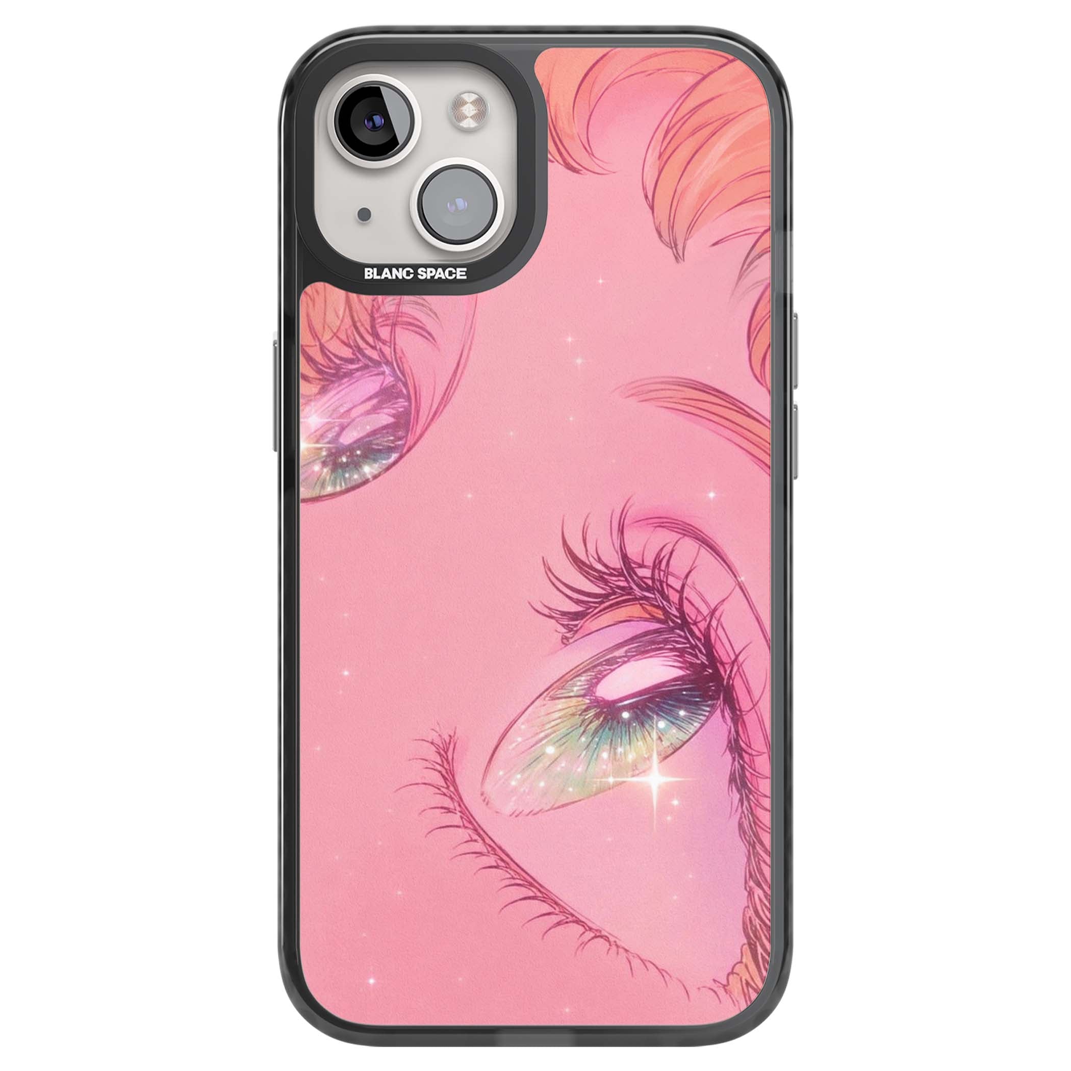 Pink Ethereal Gaze anime iPhone case featuring sparkling manga eyes, coral lashes and dreamy peach sky | Black Impact Magsafe case for iPhone 13, iPhone 14, iPhone 15