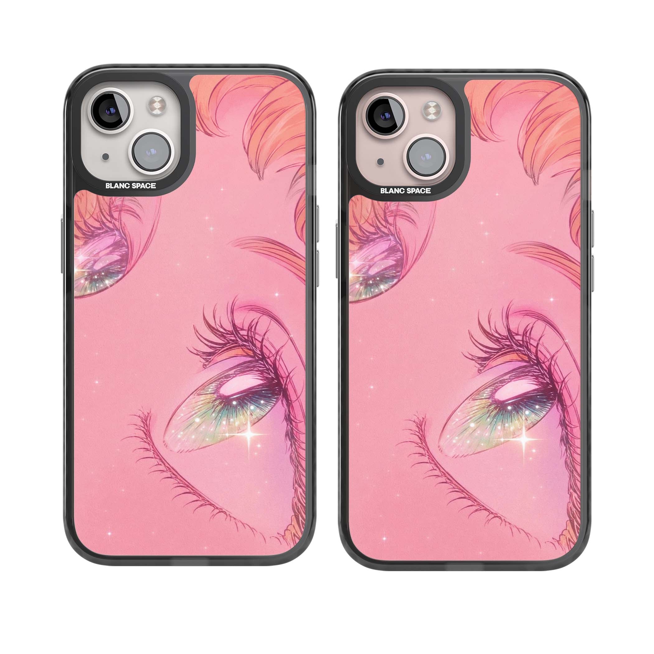 Pink Ethereal Gaze anime iPhone case featuring sparkling manga eyes, coral lashes and dreamy peach sky | Black Impact Magsafe case for iPhone 13, iPhone 14, iPhone 15