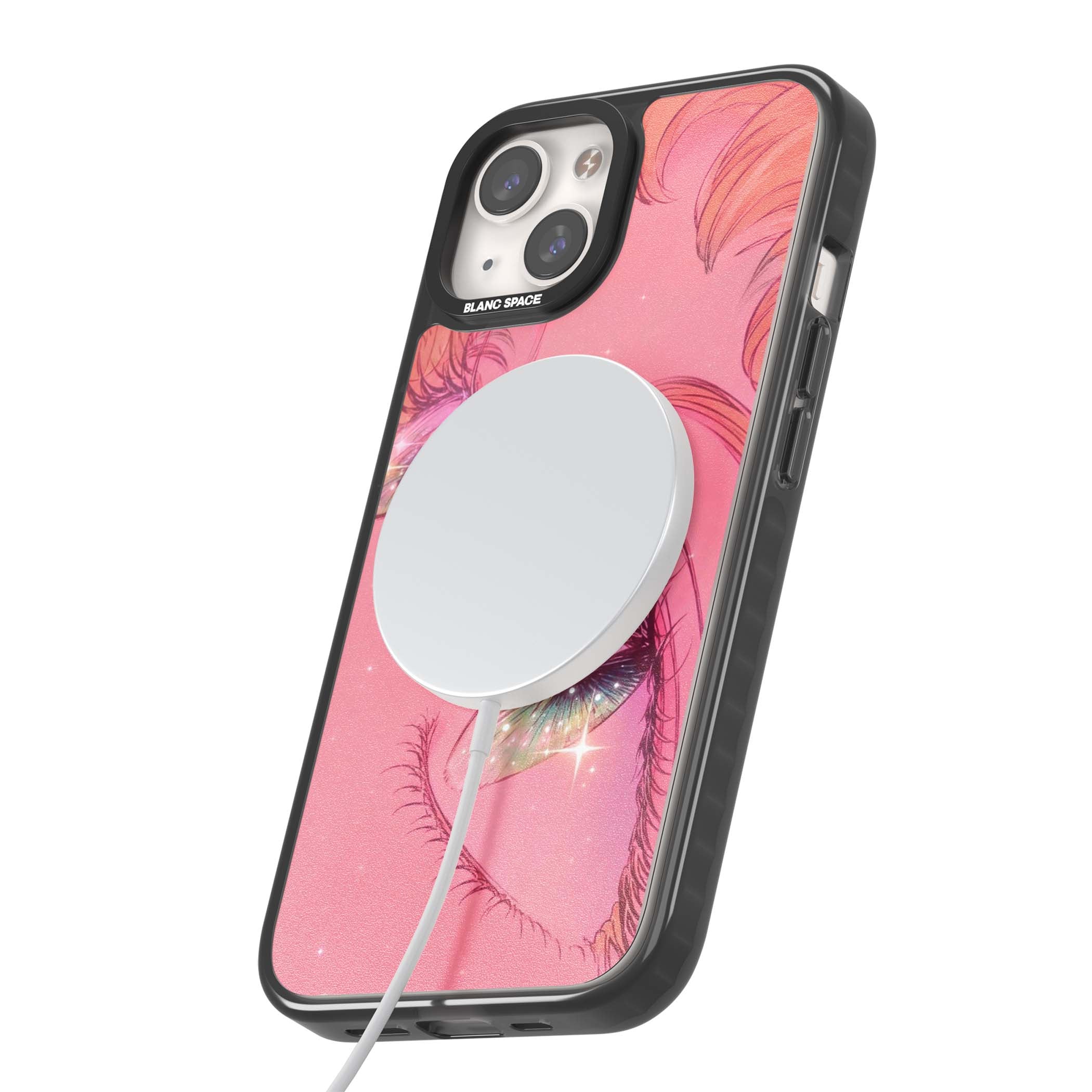 Pink Ethereal Gaze anime iPhone case featuring sparkling manga eyes, coral lashes and dreamy peach sky | Black Impact Magsafe case for iPhone 13, iPhone 14, iPhone 15