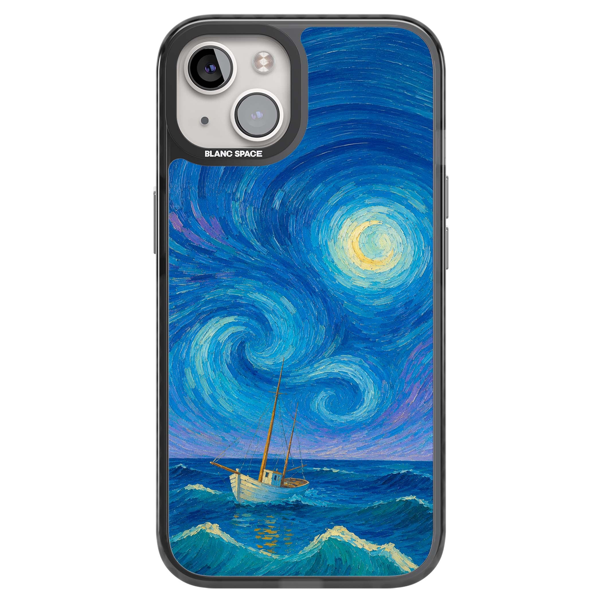 Moonlit Tide Van Gogh art iPhone case featuring swirling starry night sky, glowing moon and lone sailing boat at sea | Black Impact Magsafe case for iPhone 13, iPhone 14, iPhone 15