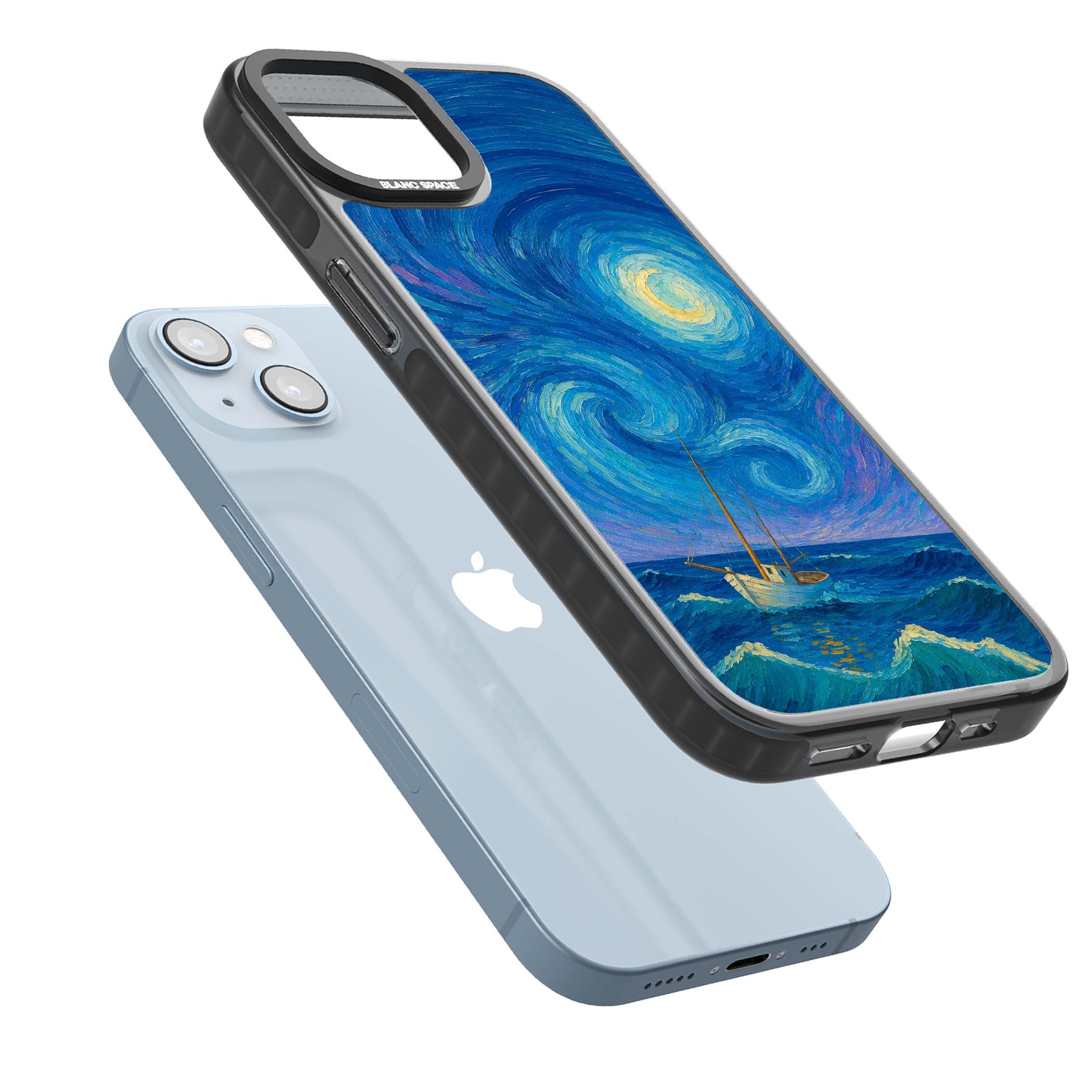 Moonlit Tide Van Gogh art iPhone case featuring swirling starry night sky, glowing moon and lone sailing boat at sea | Black Impact Magsafe case for iPhone 13, iPhone 14, iPhone 15