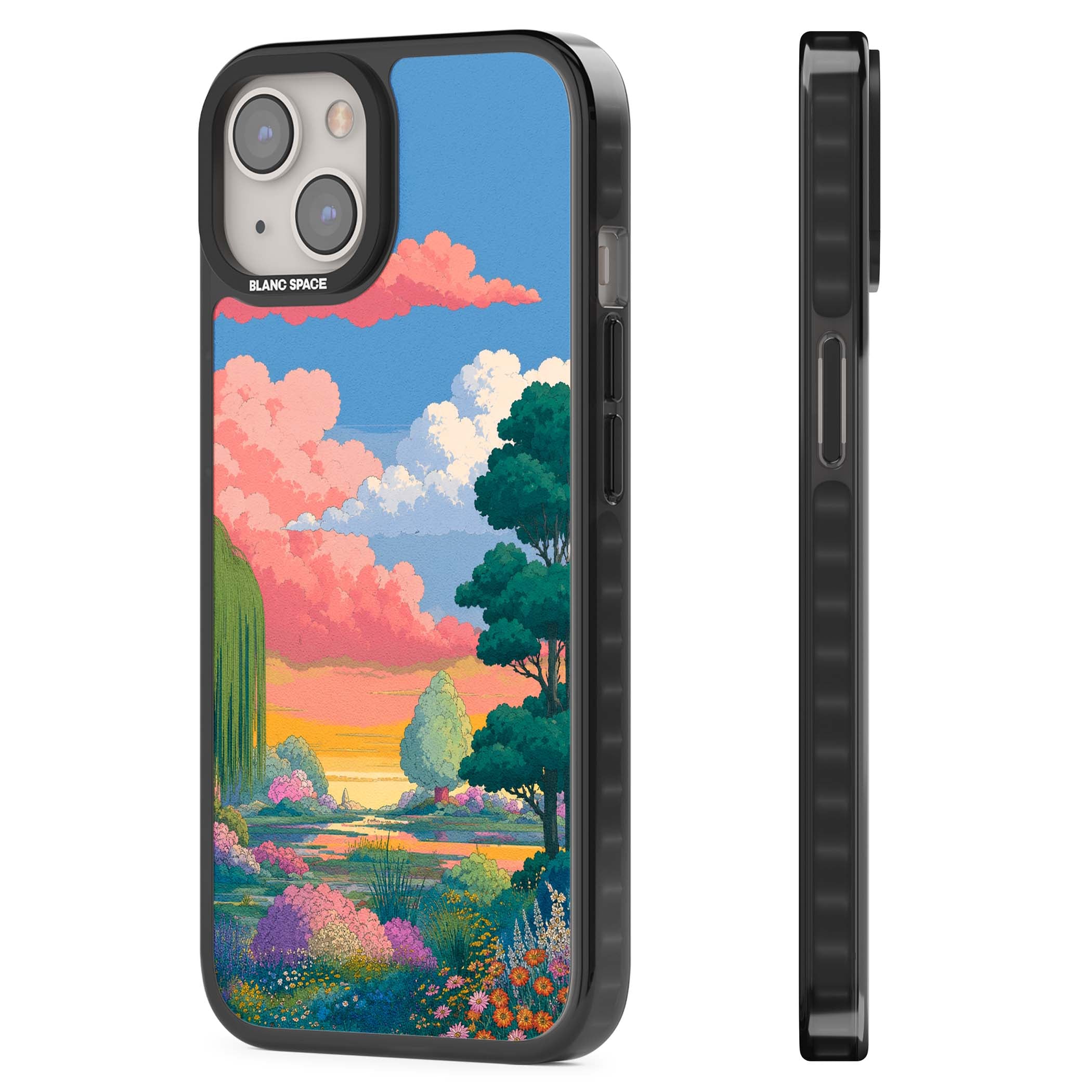 Dream Valley anime landscape iPhone case featuring pink sunset clouds, willow trees and wildflowers | Black Impact Magsafe case for iPhone 13, iPhone 14, iPhone 15