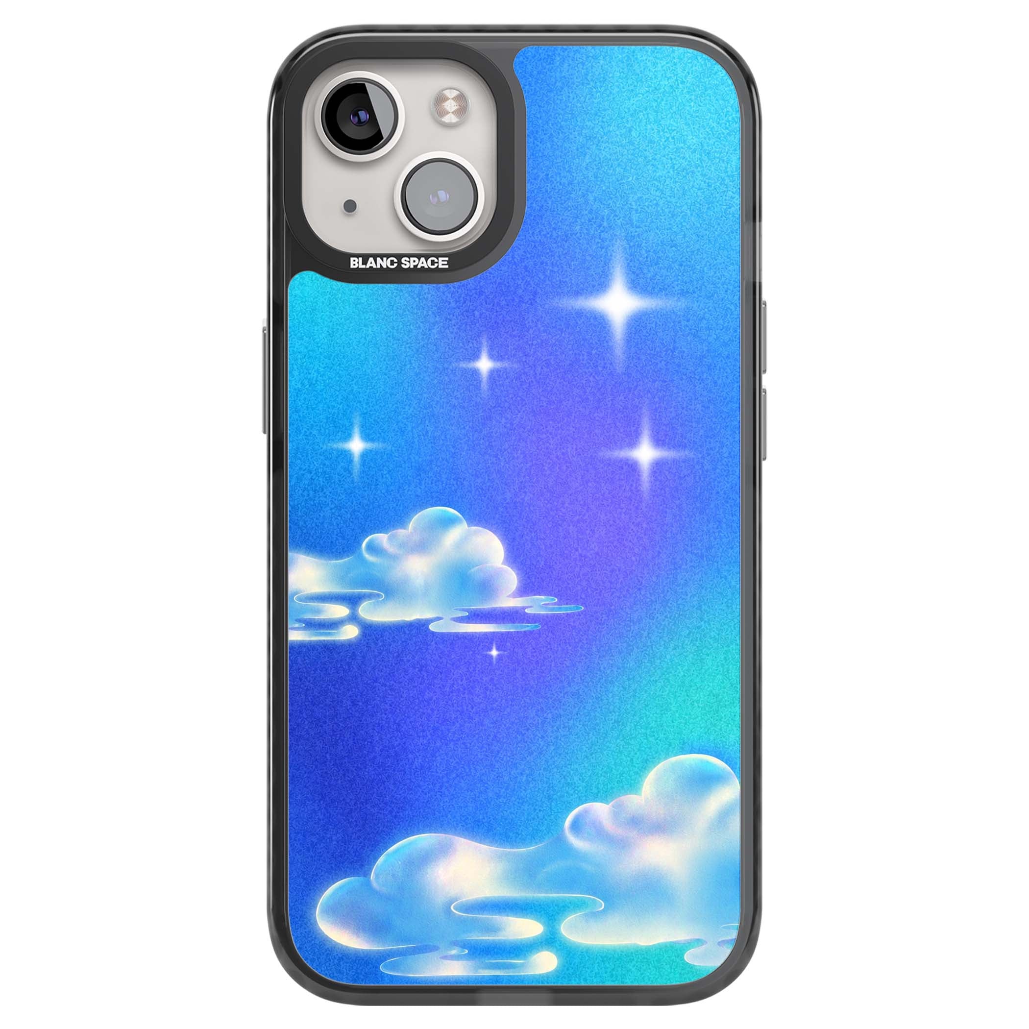 Aurora celestial iPhone case featuring dreamy iridescent clouds, sparkling stars and pastel blue purple sky | Black Impact Magsafe case for iPhone 13, iPhone 14, iPhone 15
