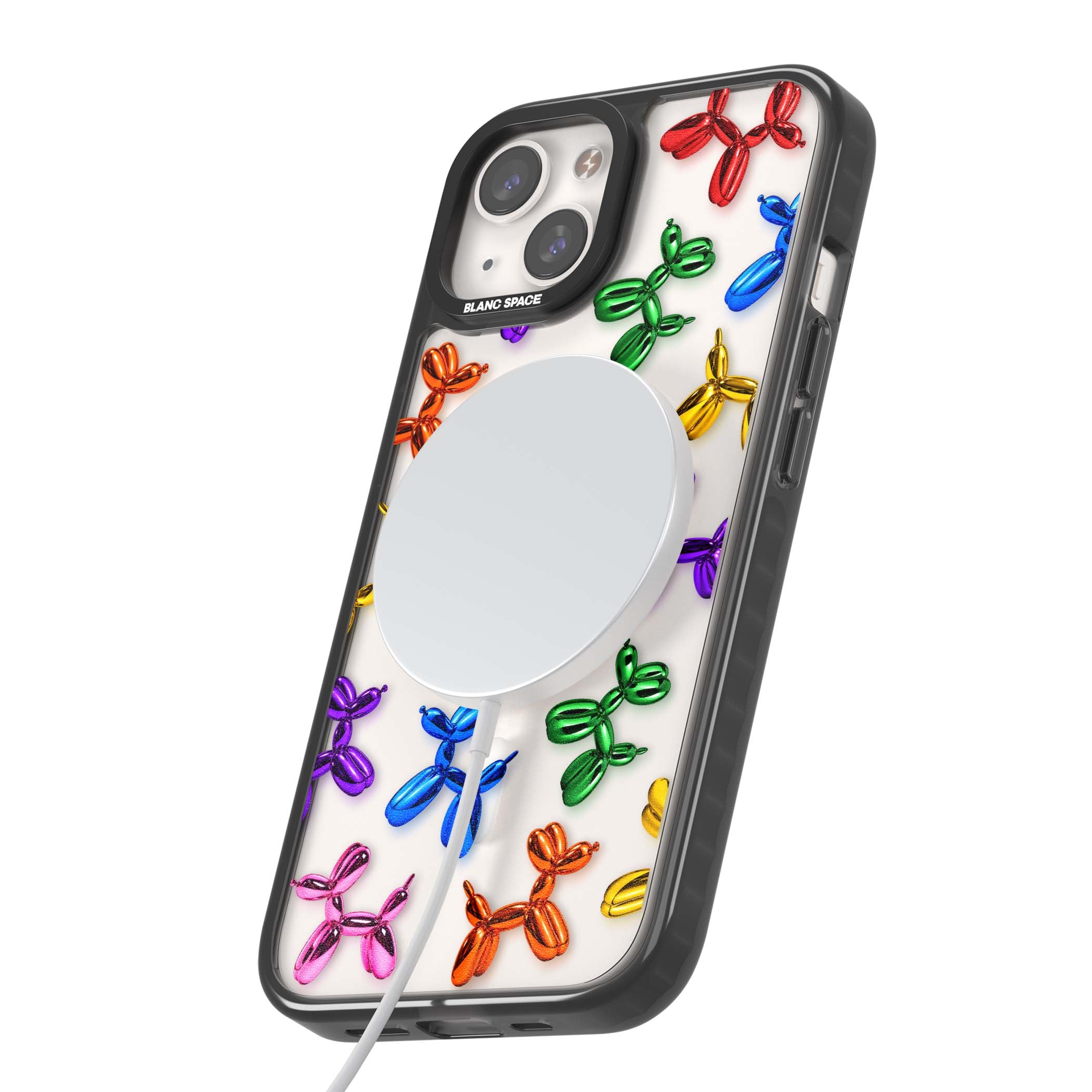 Balloon Dogs pop art iPhone case featuring rainbow chrome balloon dogs in Jeff Koons style | Black Impact Magsafe case for iPhone 13, iPhone 14, iPhone 15