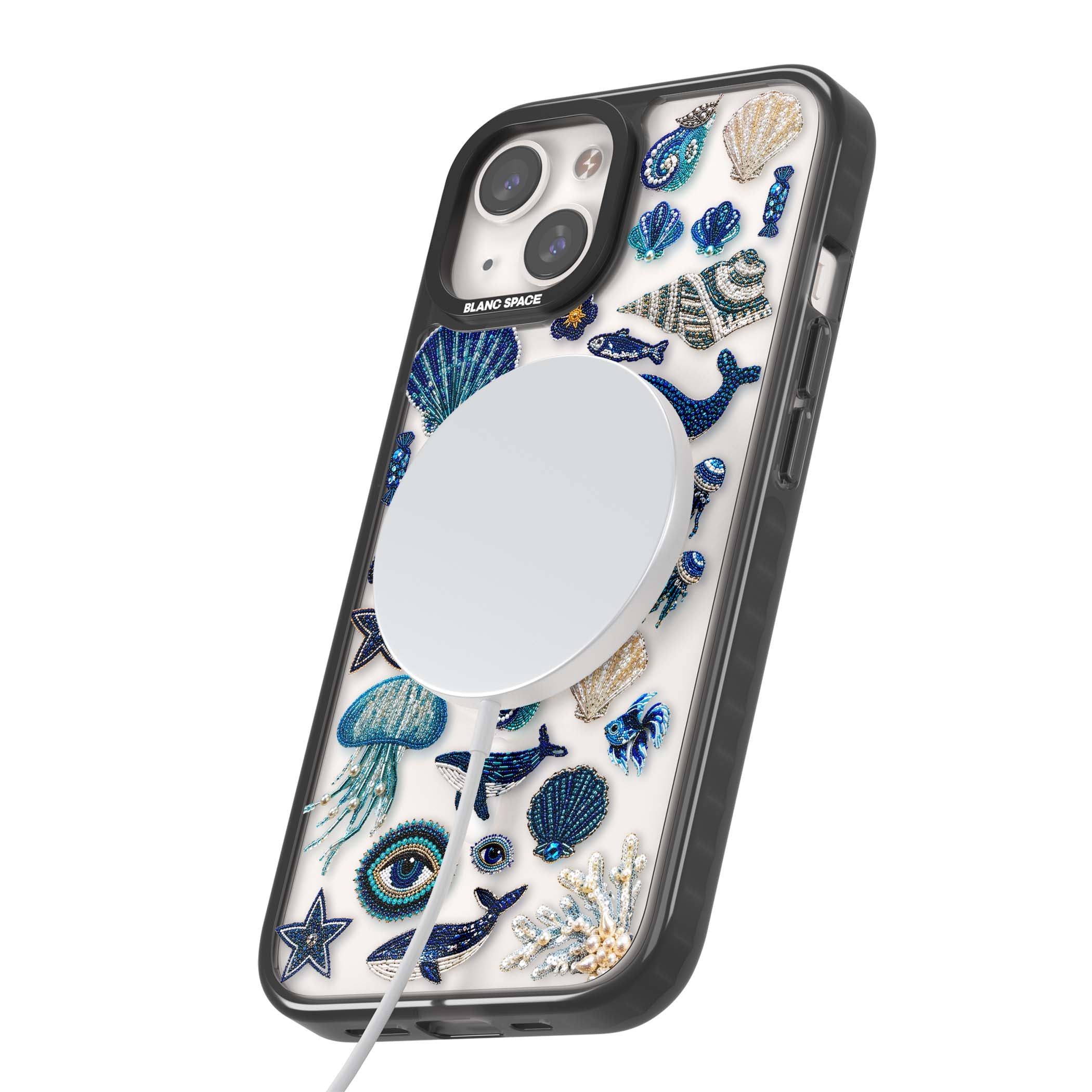 Beaded Coastal coastal iPhone case featuring embroidered seashells, jellyfish and a blue whale on clear | Black Impact Magsafe case for iPhone 13, iPhone 14, iPhone 15