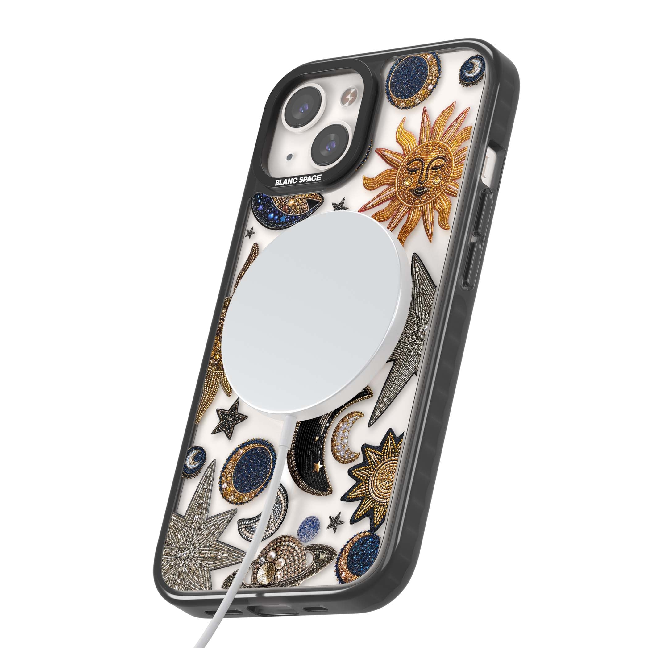 Beaded Cosmos celestial iPhone case featuring embroidered golden suns, beaded planets and silver shooting stars | Black Impact Magsafe case for iPhone 13, iPhone 14, iPhone 15