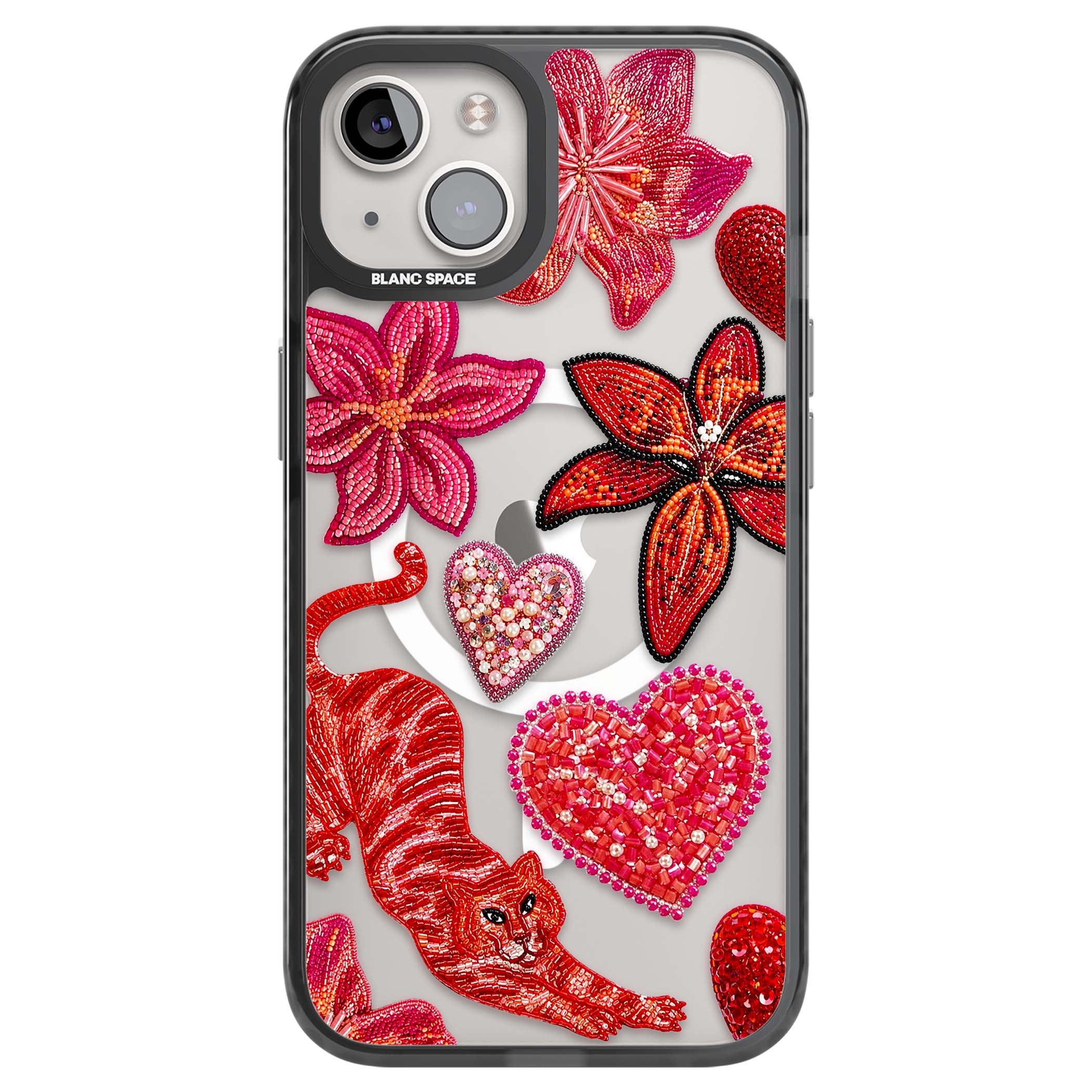 Beaded Boho floral iPhone case featuring beaded red lilies, a stitched tiger, and pearl-encrusted hearts on clear | Black Impact Magsafe case for iPhone 13, iPhone 14, iPhone 15
