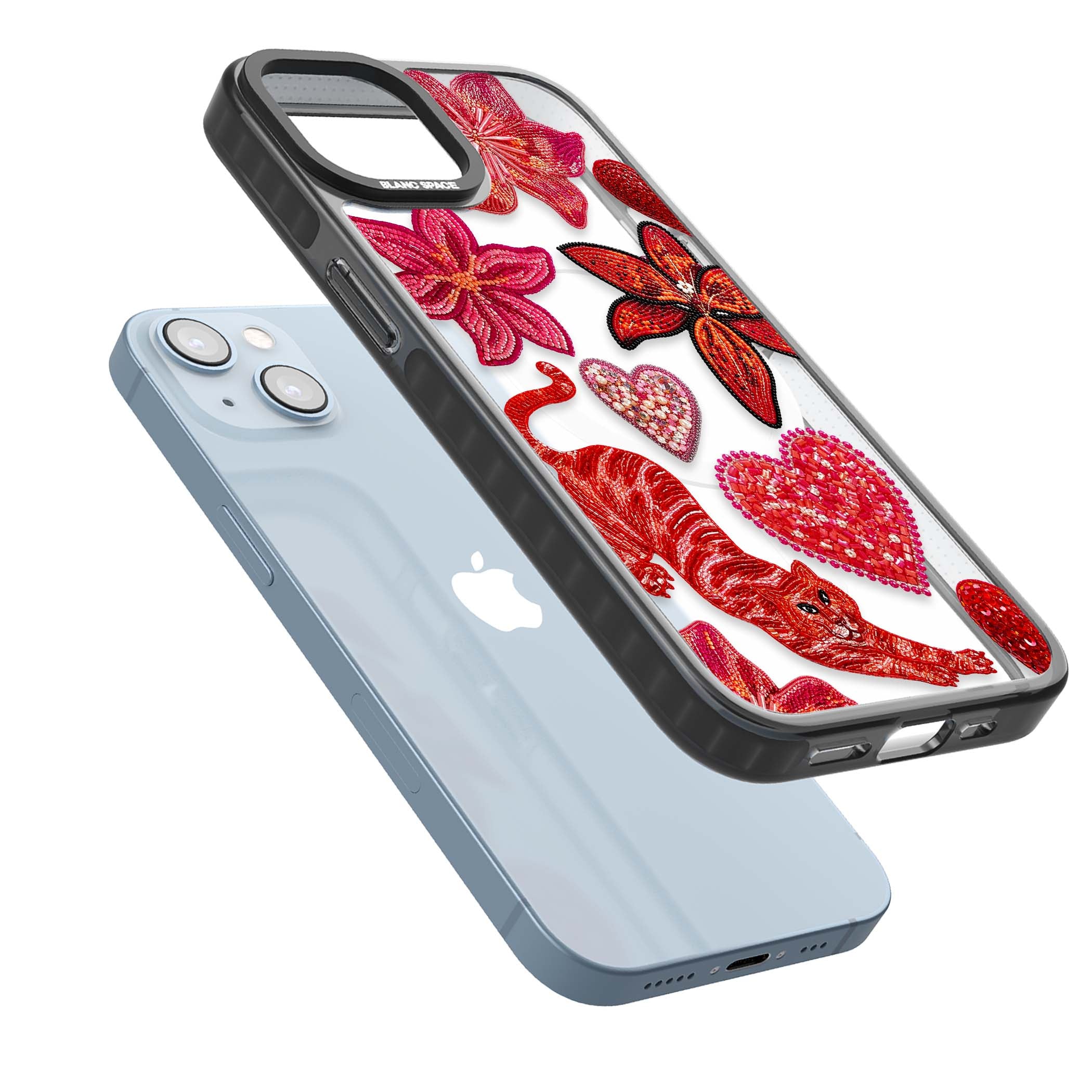 Beaded Boho floral iPhone case featuring beaded red lilies, a stitched tiger, and pearl-encrusted hearts on clear | Black Impact Magsafe case for iPhone 13, iPhone 14, iPhone 15
