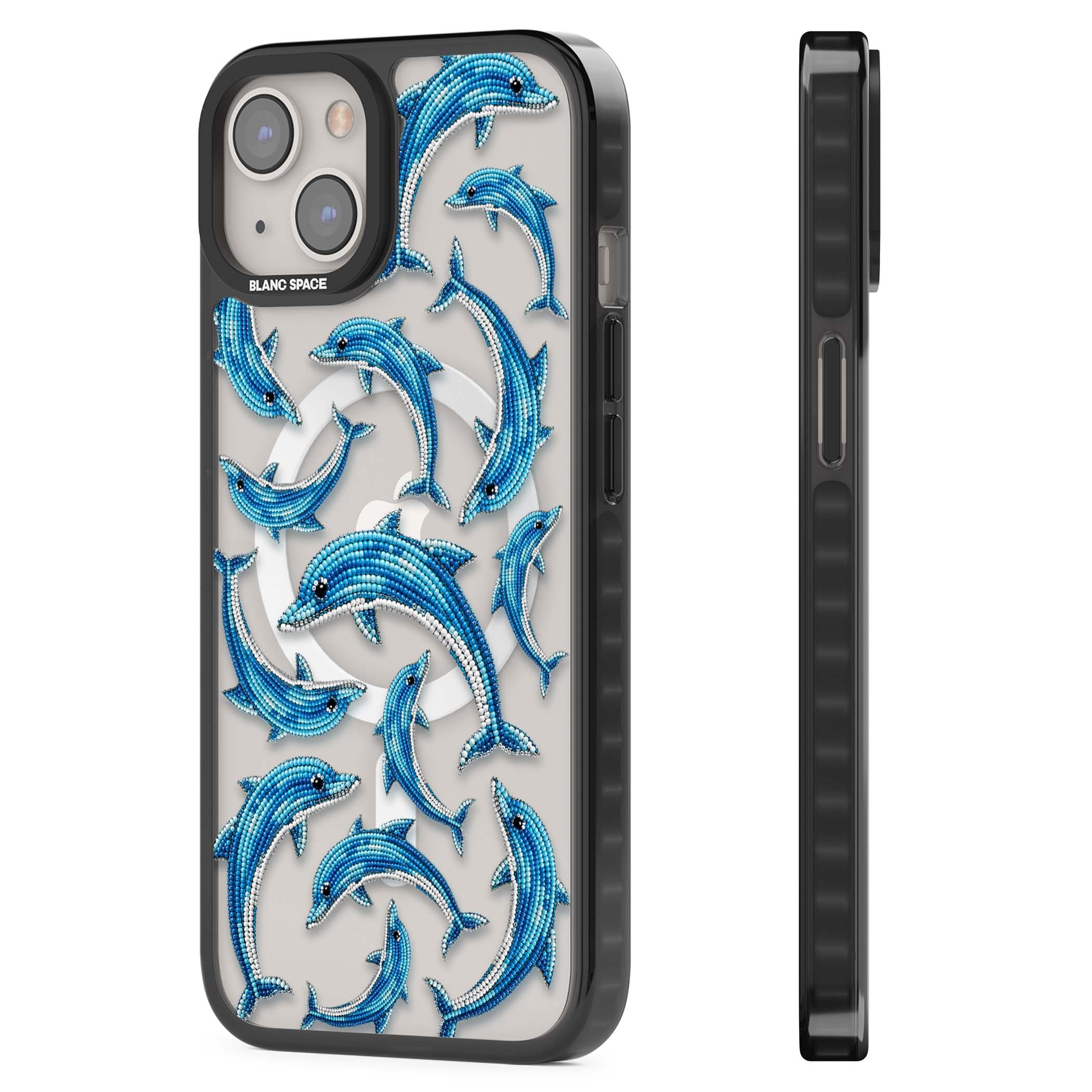 Beaded Dolphins coastal iPhone case featuring beaded dolphins in blue and white swimming across a clear background | Black Impact Magsafe case for iPhone 13, iPhone 14, iPhone 15