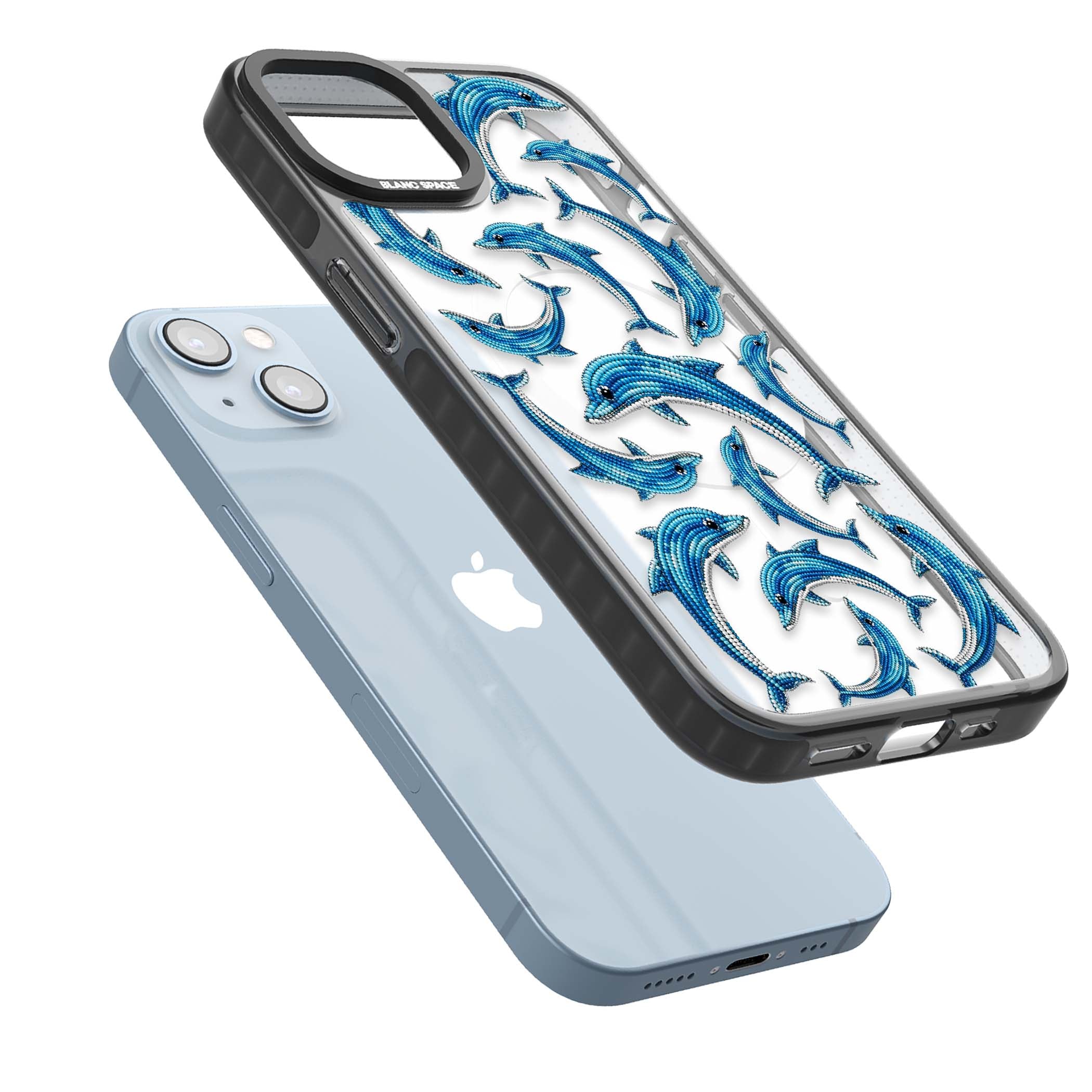 Beaded Dolphins coastal iPhone case featuring beaded dolphins in blue and white swimming across a clear background | Black Impact Magsafe case for iPhone 13, iPhone 14, iPhone 15