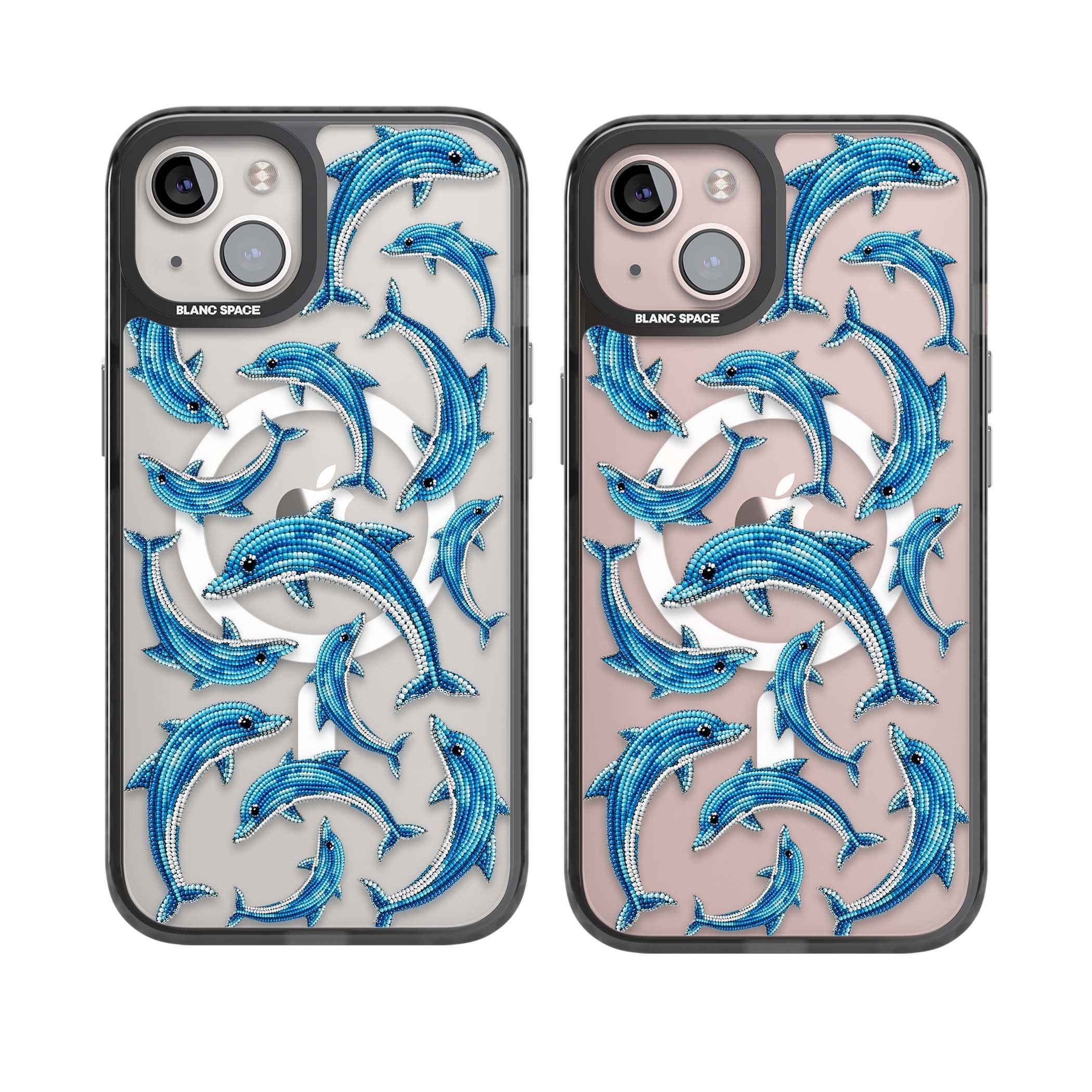 Beaded Dolphins coastal iPhone case featuring beaded dolphins in blue and white swimming across a clear background | Black Impact Magsafe case for iPhone 13, iPhone 14, iPhone 15