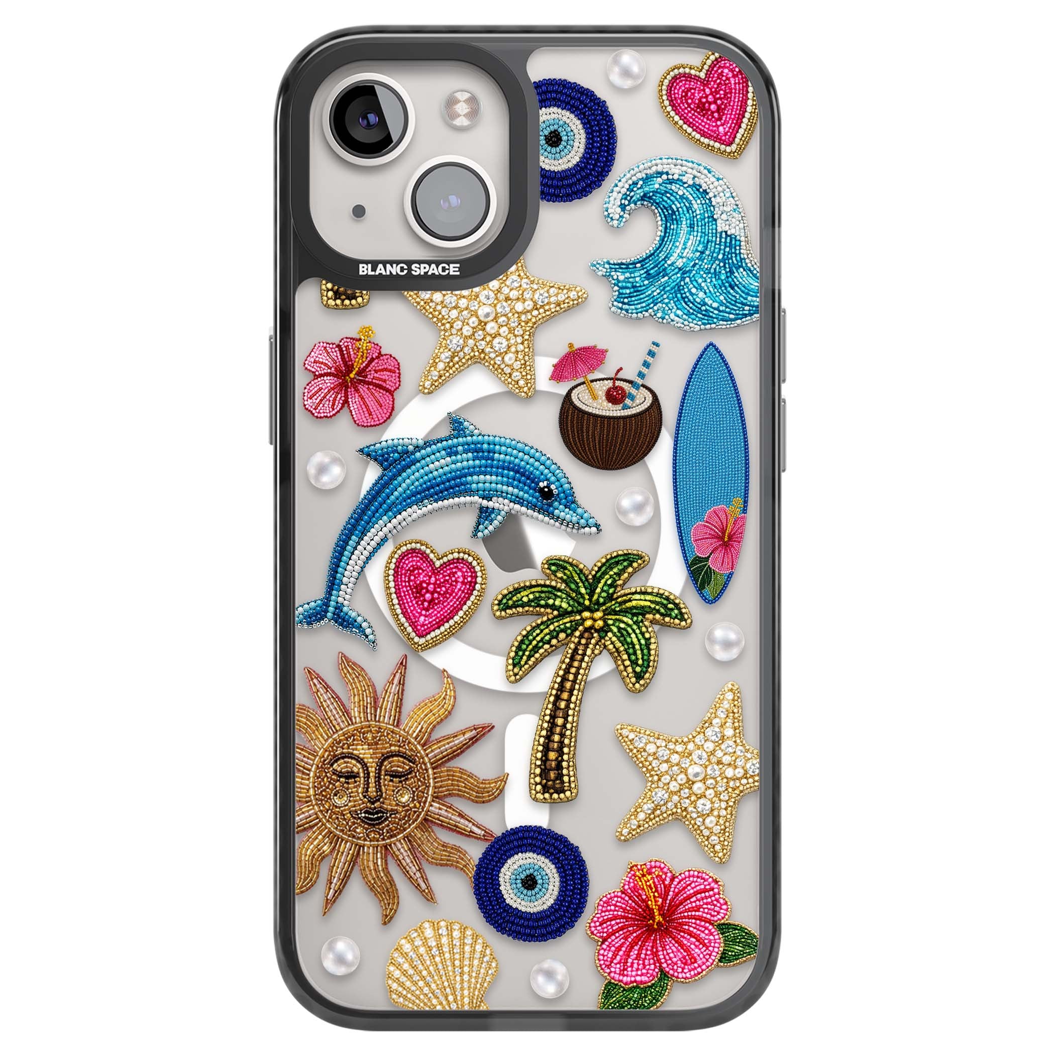 Beaded Beach coastal summer iPhone case featuring embroidered evil eye, hibiscus flowers, dolphin and palm tree patches | Black Impact Magsafe case for iPhone 13, iPhone 14, iPhone 15