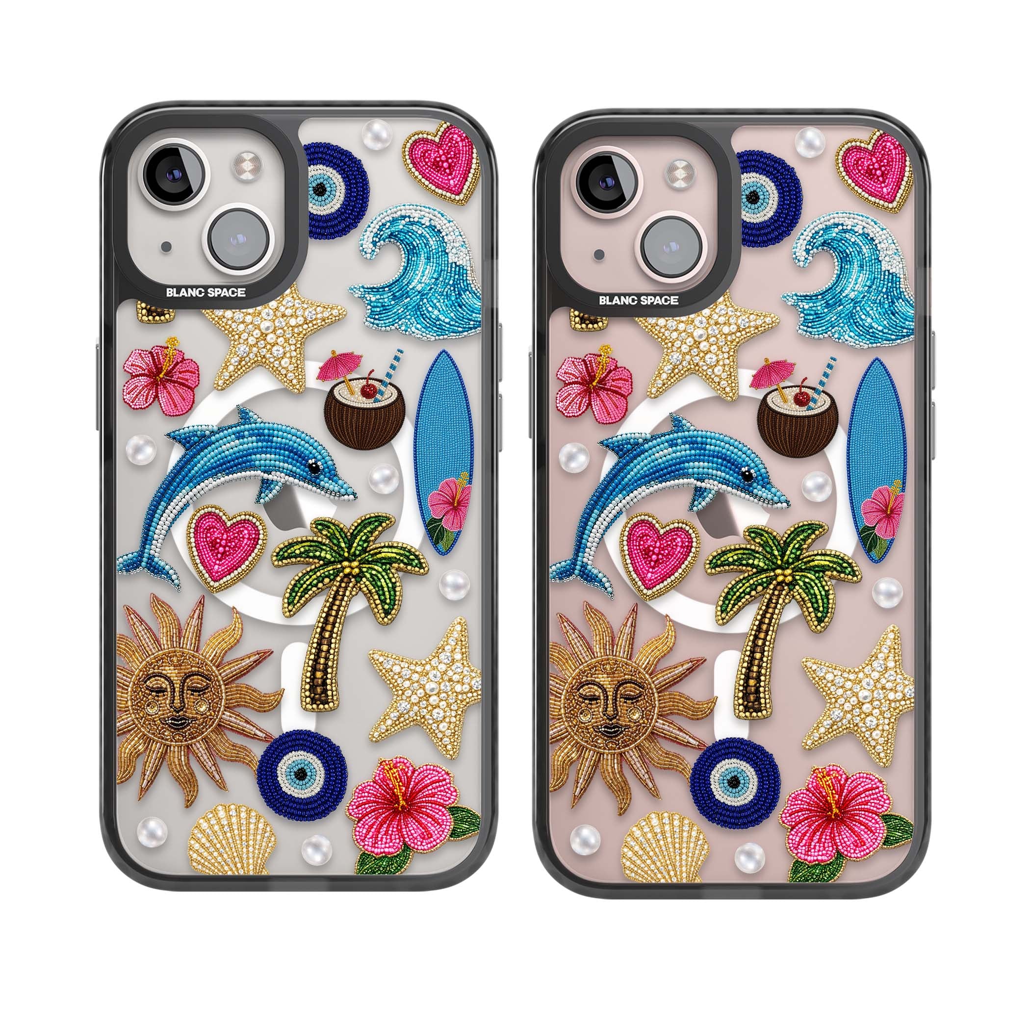 Beaded Beach coastal summer iPhone case featuring embroidered evil eye, hibiscus flowers, dolphin and palm tree patches | Black Impact Magsafe case for iPhone 13, iPhone 14, iPhone 15
