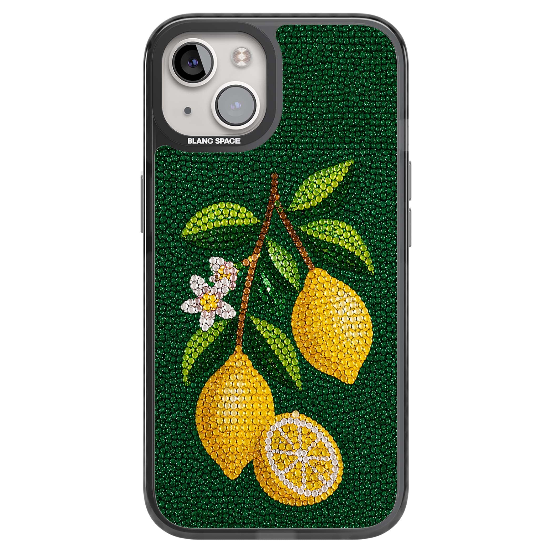 Beaded Lemons coastal iPhone case featuring crystal-beaded lemons, citrus blossom and green leaves on emerald ground | Black Impact Magsafe case for iPhone 13, iPhone 14, iPhone 15