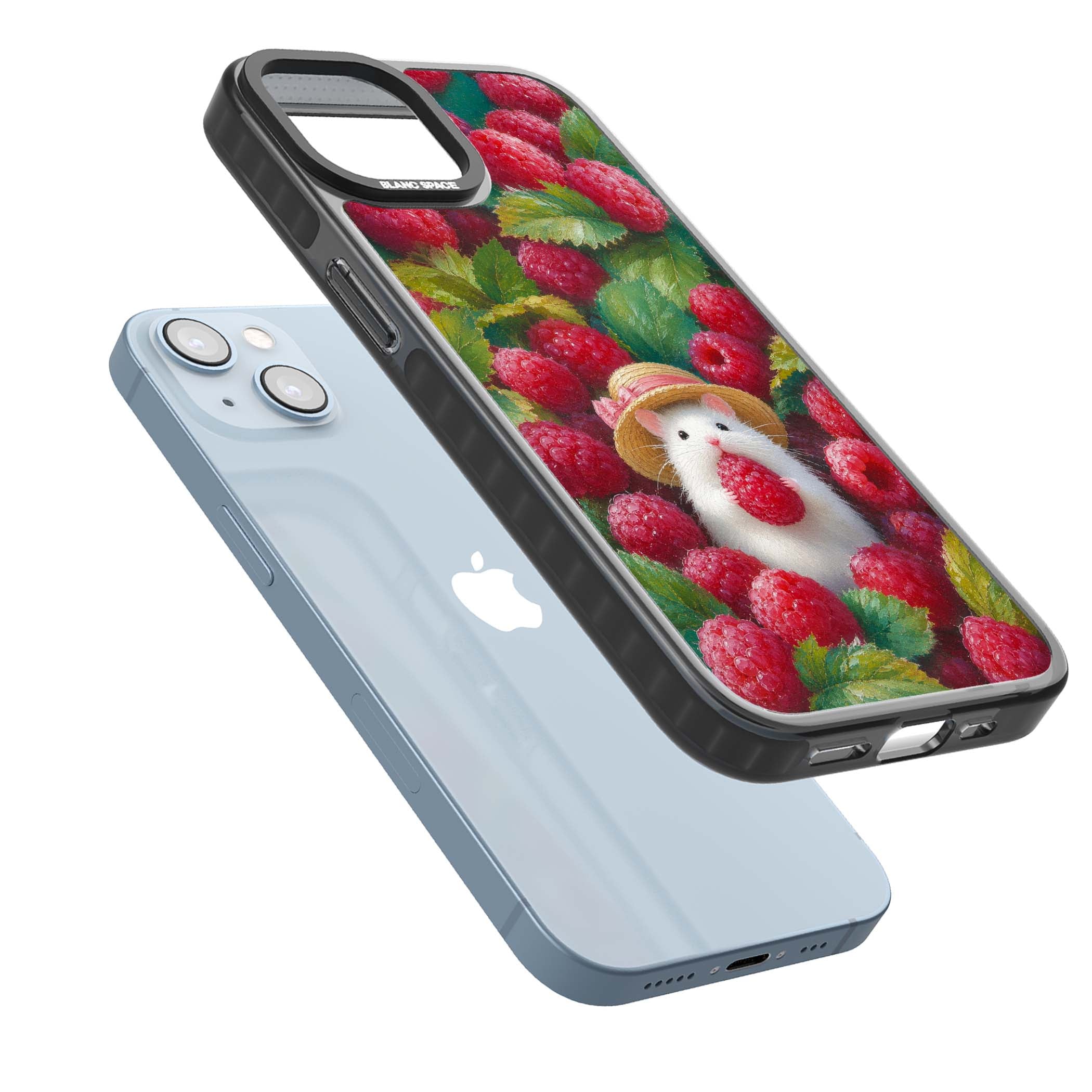 Berry Forager cottagecore iPhone case featuring a white hamster in a straw hat holding a raspberry surrounded by ripe ber | Black Impact Magsafe case for iPhone 13, iPhone 14, iPhone 15
