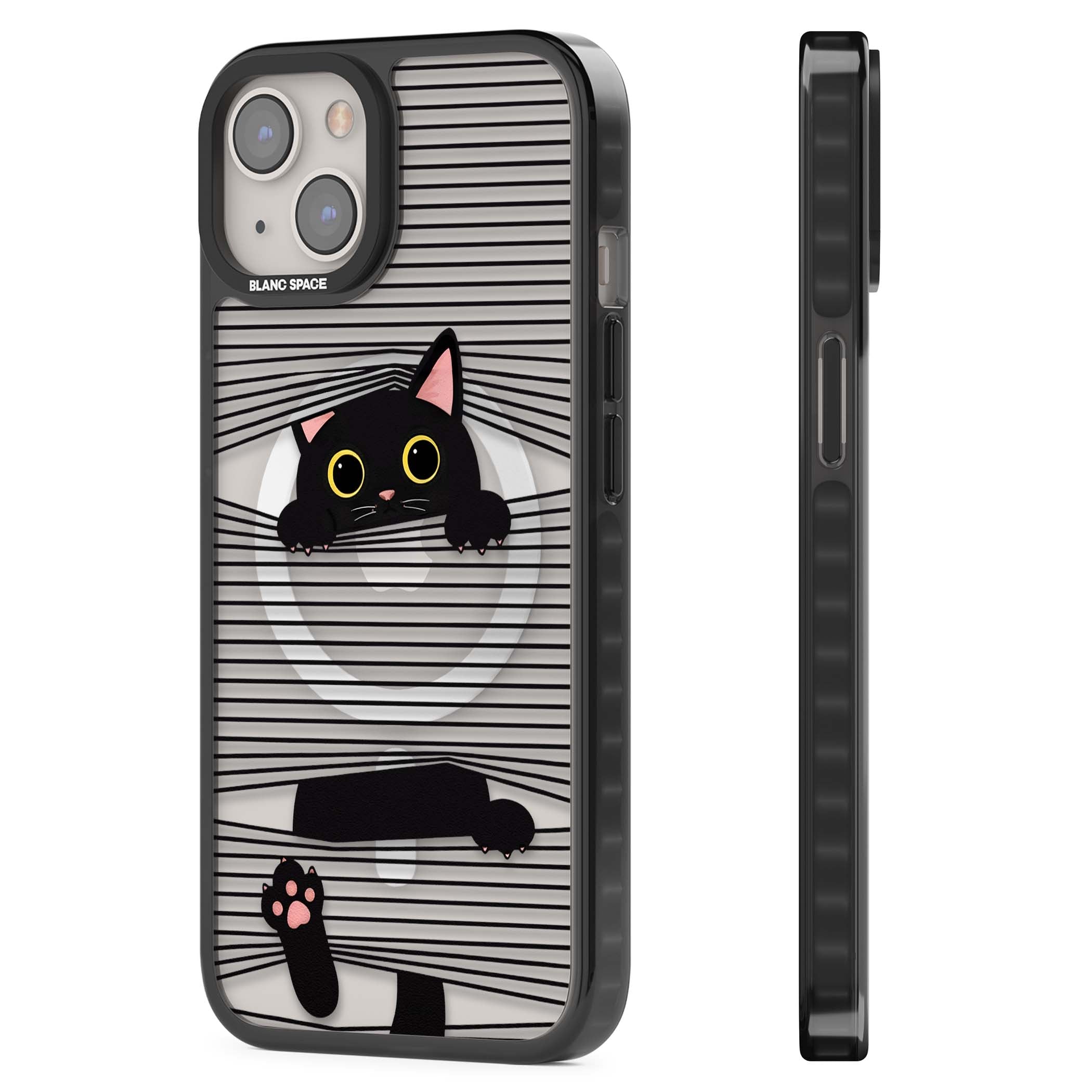 Peek-a-Boo Cat minimal iPhone case featuring black cat peeking through horizontal black and white stripes | Black Impact Magsafe case for iPhone 13, iPhone 14, iPhone 15