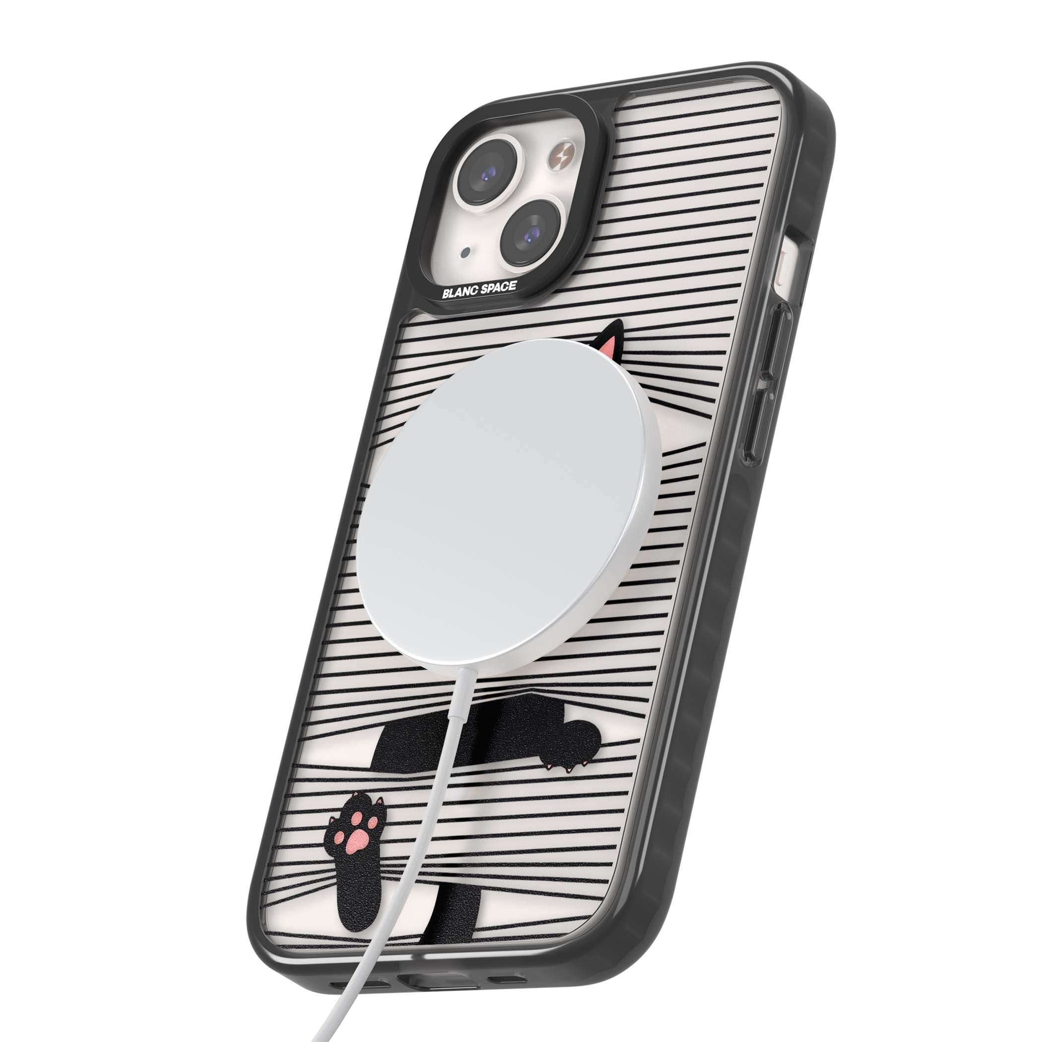 Peek-a-Boo Cat minimal iPhone case featuring black cat peeking through horizontal black and white stripes | Black Impact Magsafe case for iPhone 13, iPhone 14, iPhone 15