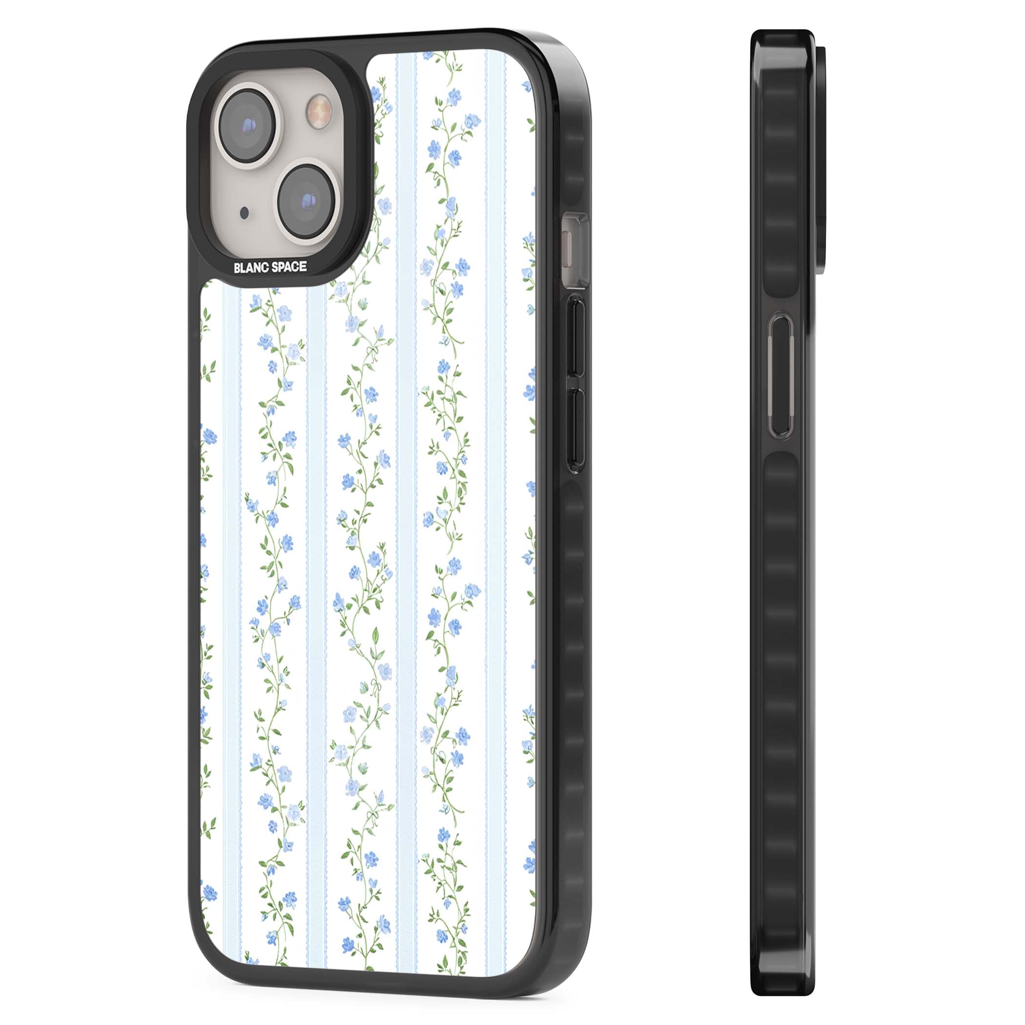 Bluebell Vine cottagecore iPhone case featuring climbing blue roses, trailing green vines, and pale ticking stripes | Black Impact Magsafe case for iPhone 13, iPhone 14, iPhone 15
