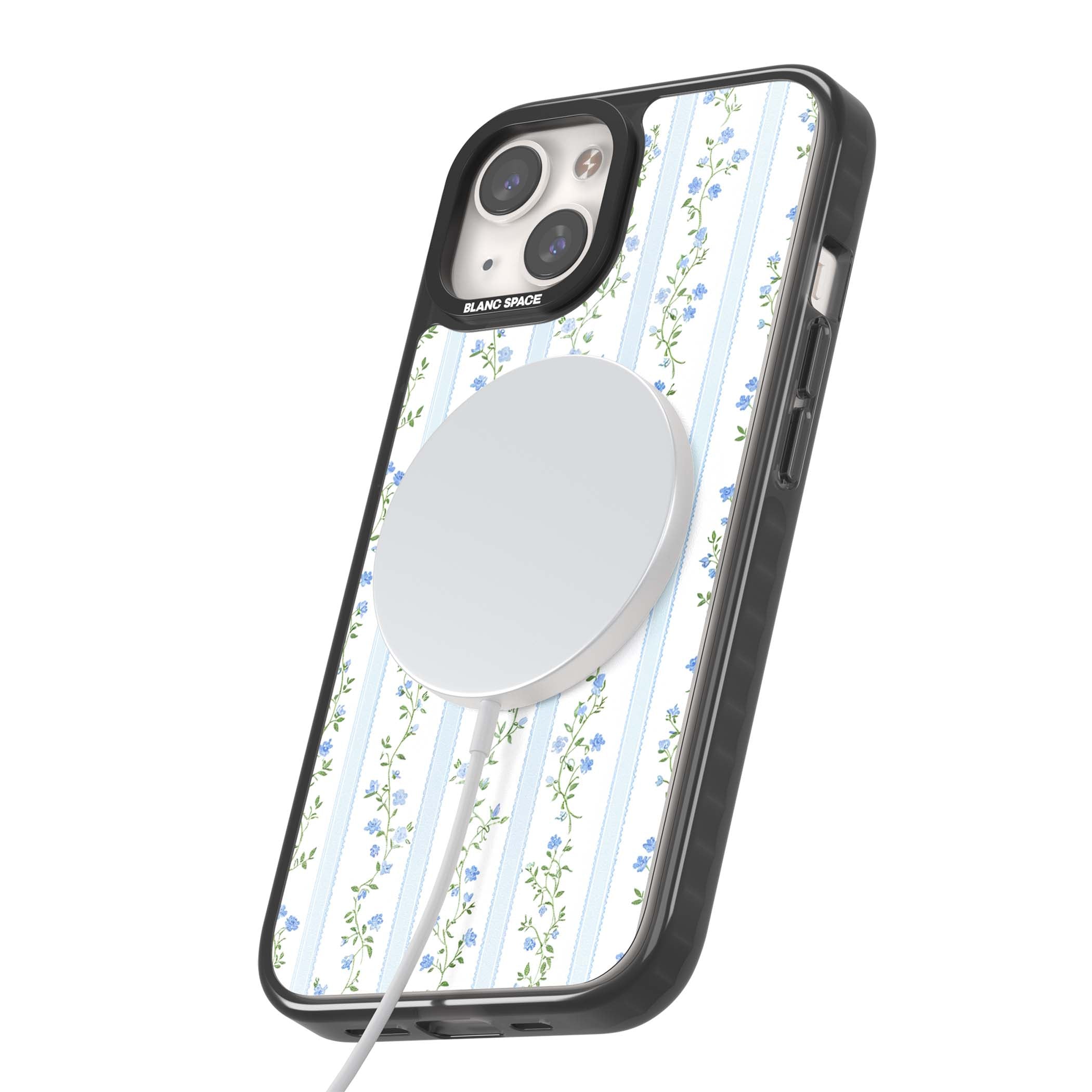 Bluebell Vine cottagecore iPhone case featuring climbing blue roses, trailing green vines, and pale ticking stripes | Black Impact Magsafe case for iPhone 13, iPhone 14, iPhone 15