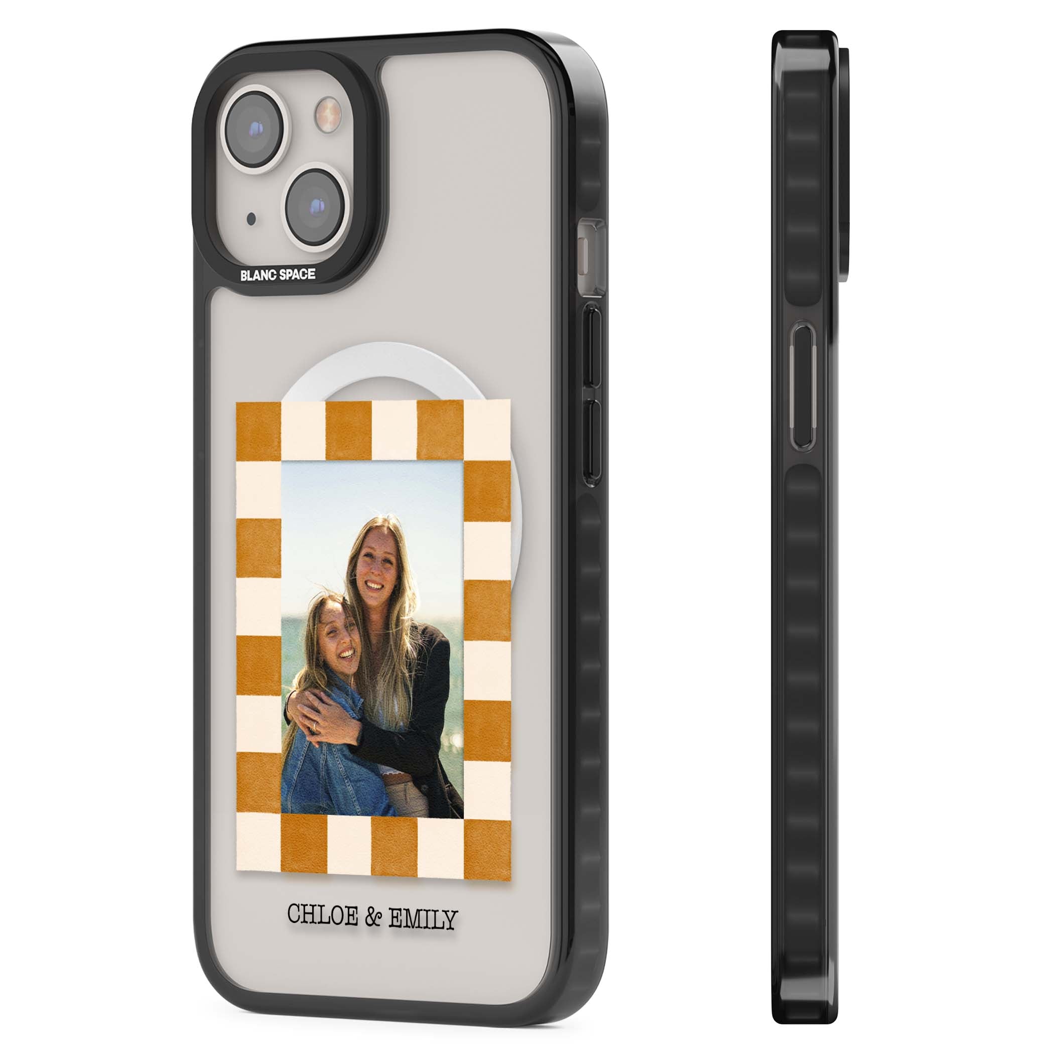 Citrus Check Photo personalised iPhone case with custom photo, orange checkered frame and names underneath | Black Impact Magsafe case for iPhone 13, iPhone 14, iPhone 15