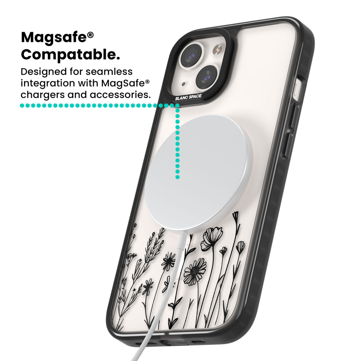 Personalised Black Wildflowers Magsafe Black Impact Phone Case for iPhone 13, iPhone 14, iPhone 15