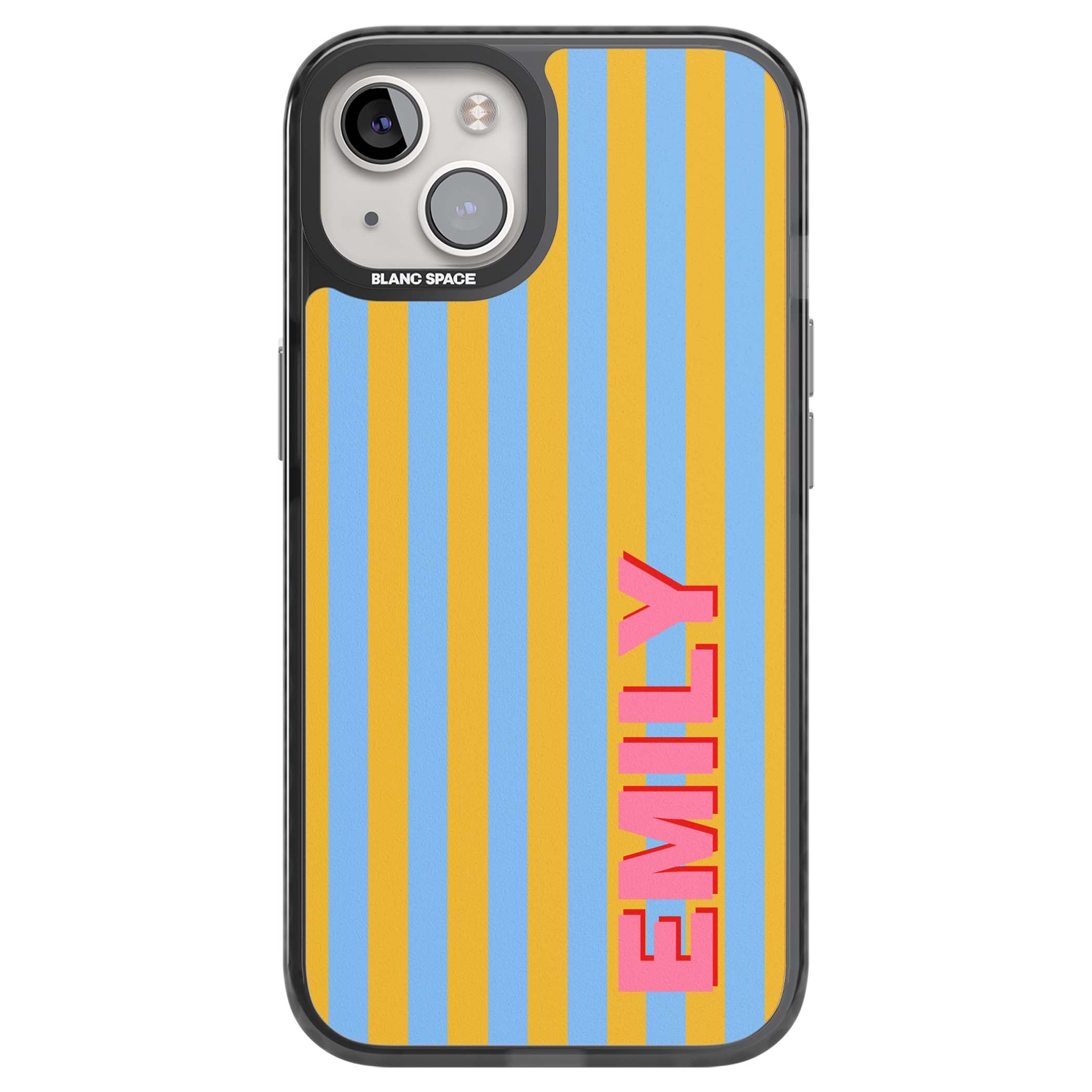 Carribean Stripe personalised coastal iPhone case with yellow and blue vertical stripes and a custom pink name | Black Impact Magsafe case for iPhone 13, iPhone 14, iPhone 15
