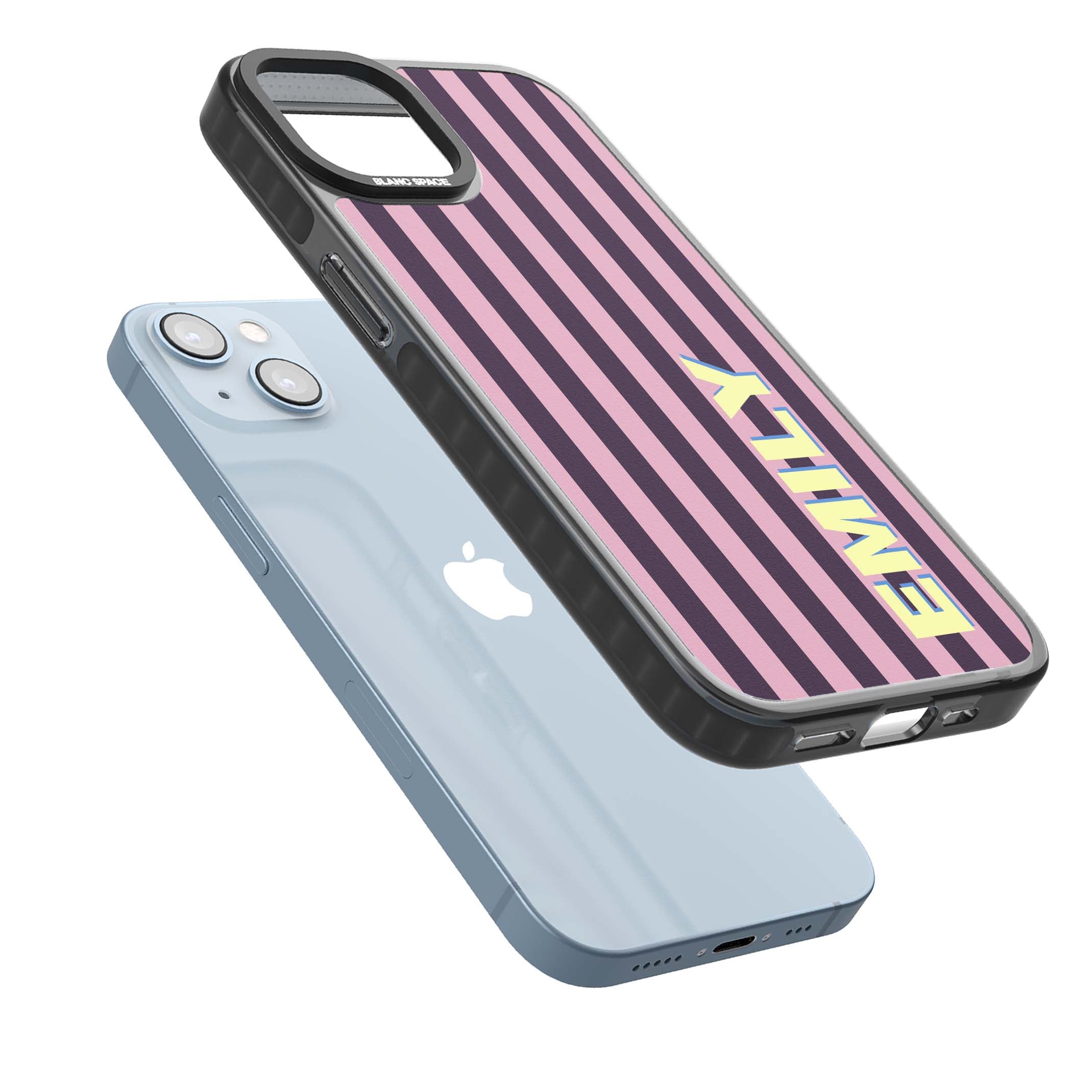 Tyre Stripe personalised stripe iPhone case with plum and pink vertical stripes and custom yellow name | Black Impact Magsafe case for iPhone 13, iPhone 14, iPhone 15