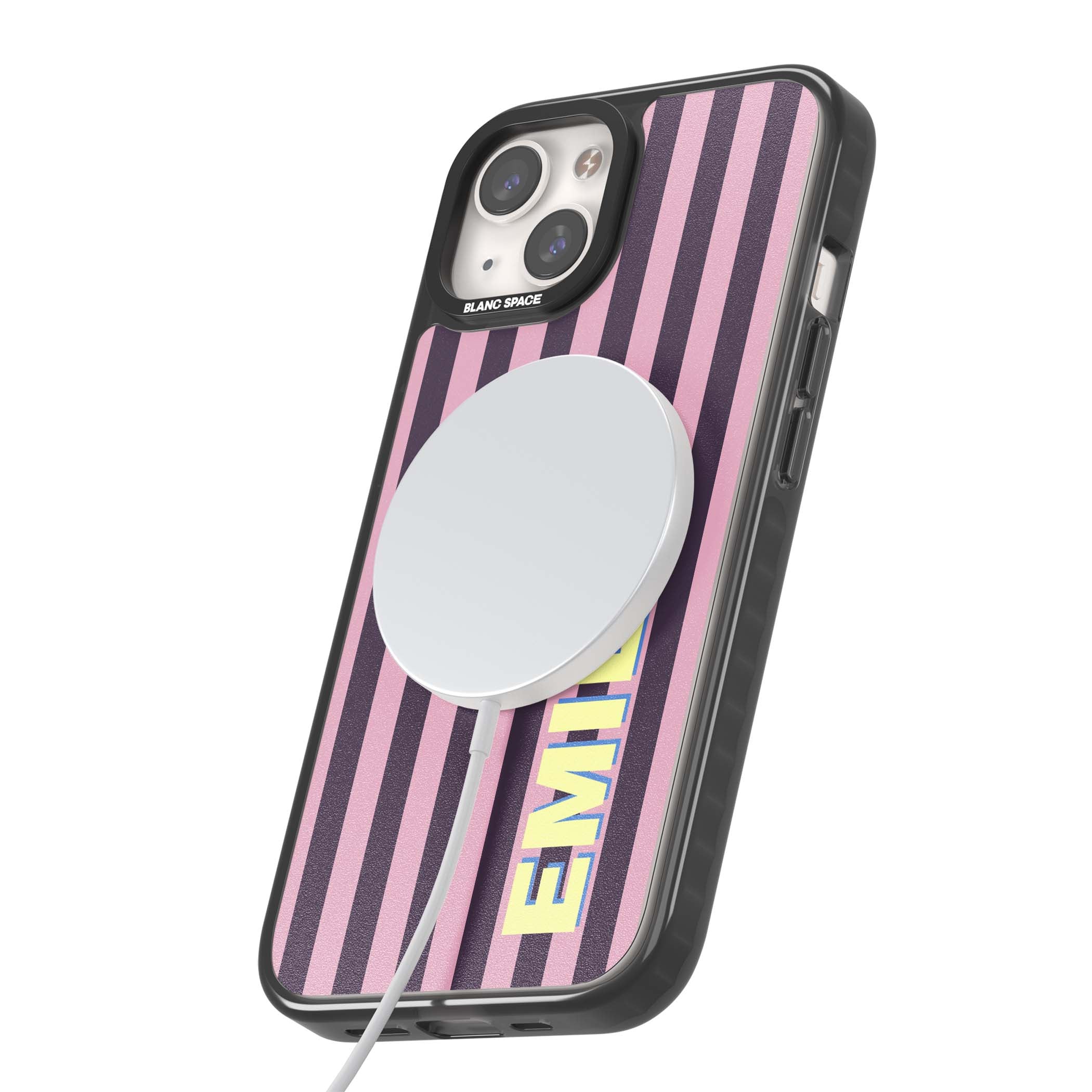 Tyre Stripe personalised stripe iPhone case with plum and pink vertical stripes and custom yellow name | Black Impact Magsafe case for iPhone 13, iPhone 14, iPhone 15