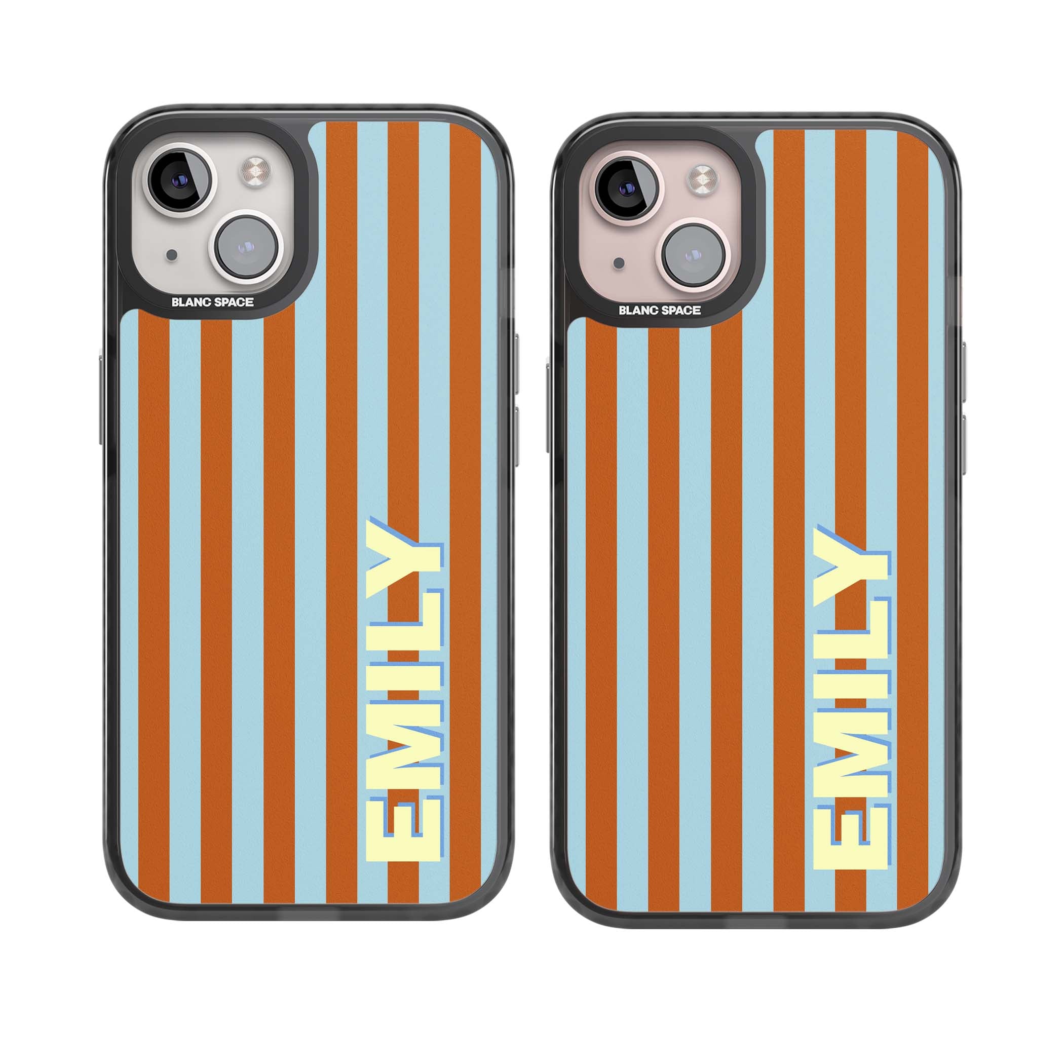 Cappadocia Stripe personalised coastal iPhone case featuring blue and orange vertical stripes with custom cream name | Black Impact Magsafe case for iPhone 13, iPhone 14, iPhone 15