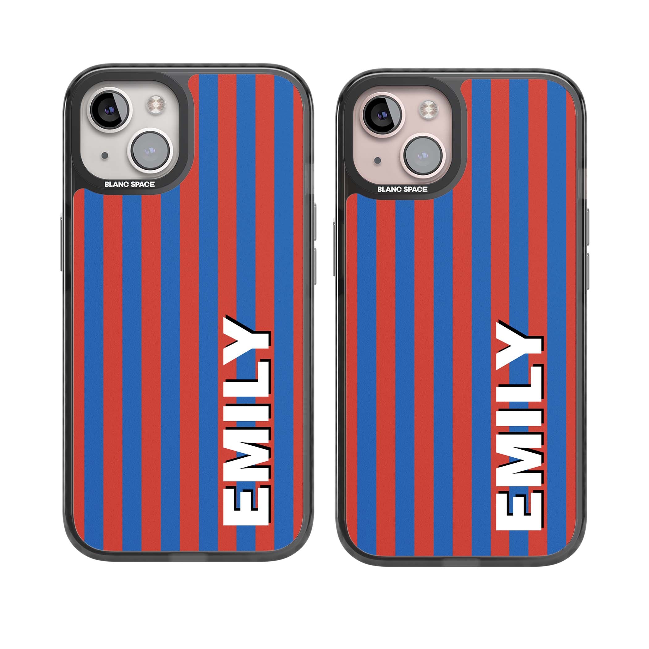 Cuban Stripe personalised iPhone case featuring red and blue vertical stripes with custom name in bold white letters | Black Impact Magsafe case for iPhone 13, iPhone 14, iPhone 15