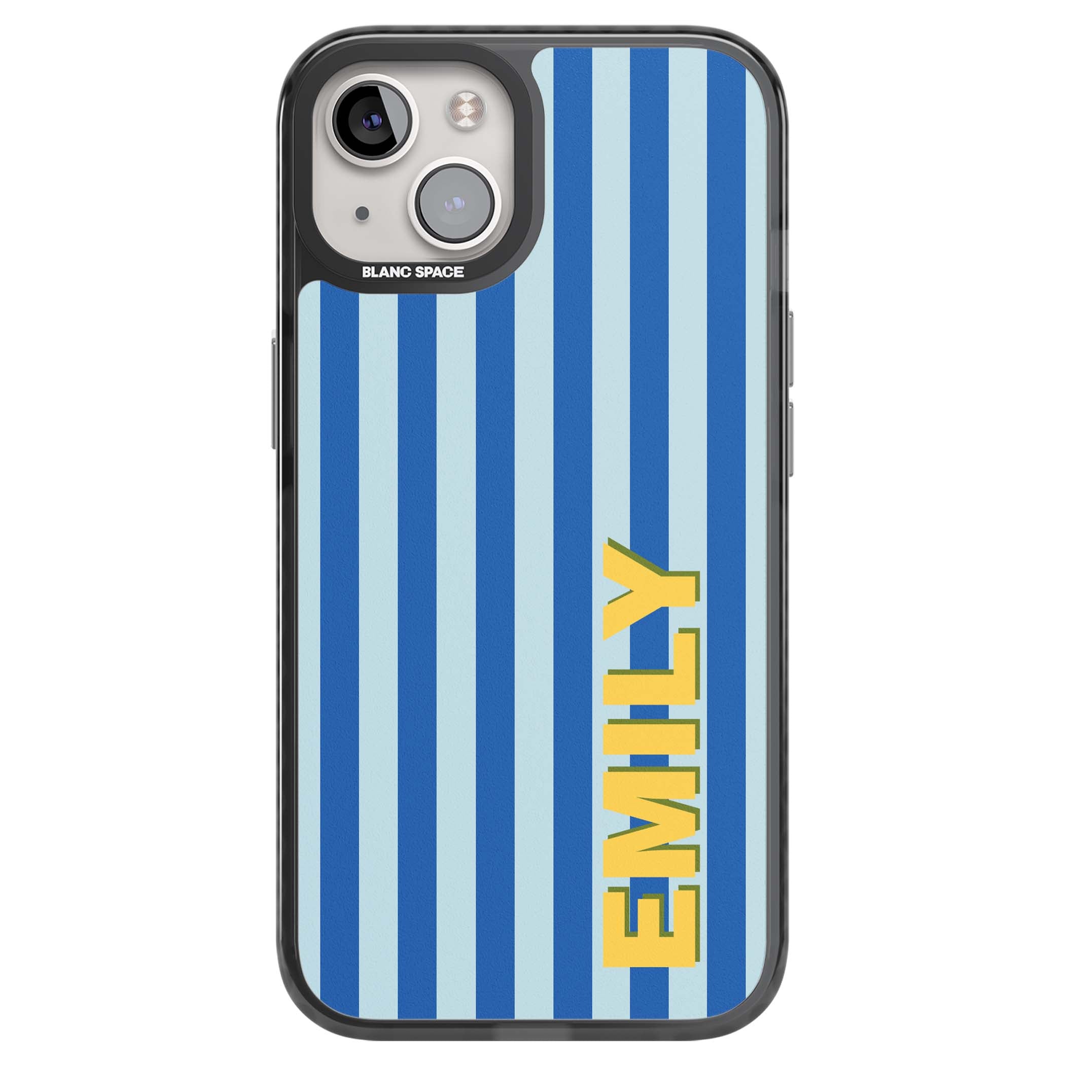Athenian Stripe personalised preppy iPhone case featuring blue vertical stripes and a custom yellow name | Black Impact Magsafe case for iPhone 13, iPhone 14, iPhone 15