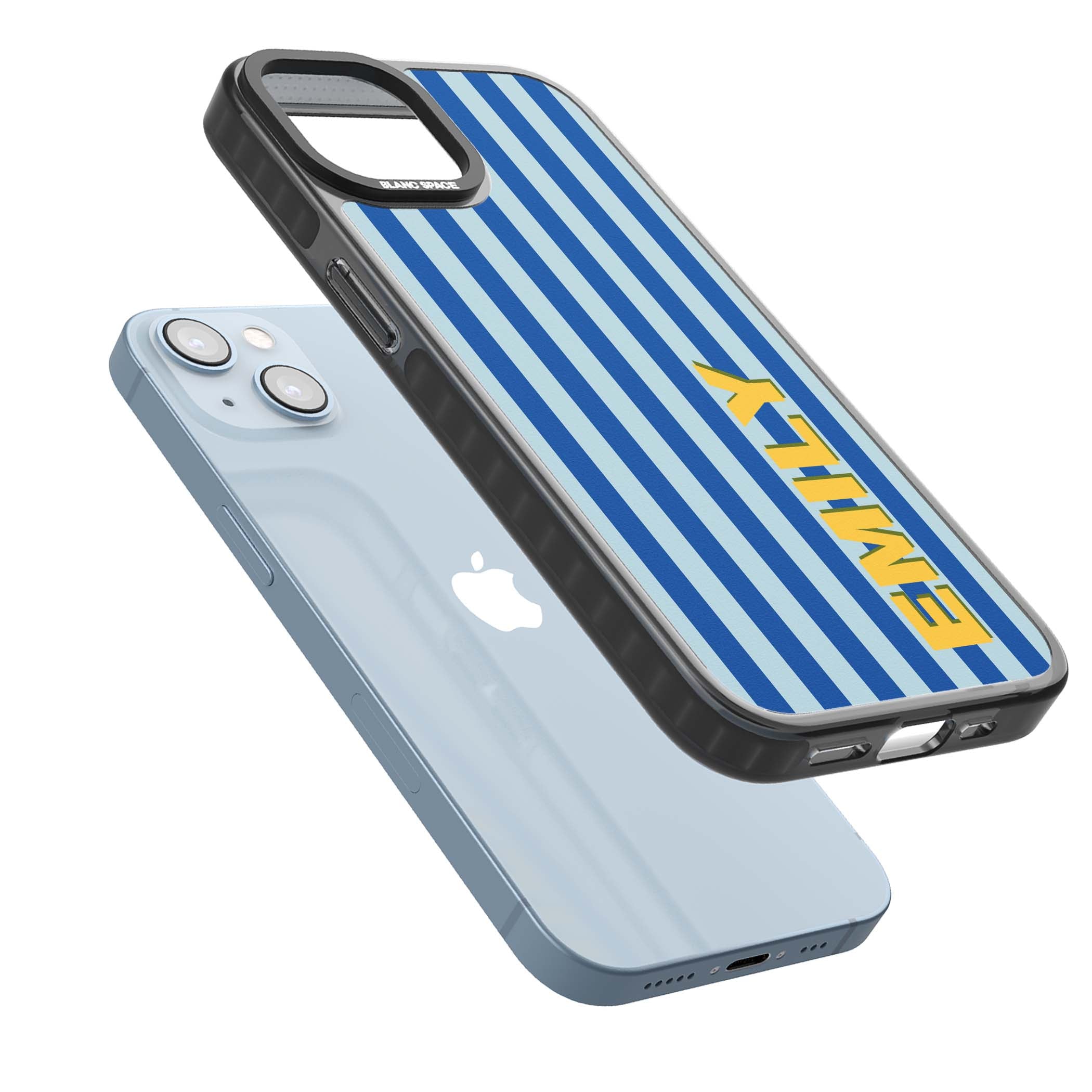 Athenian Stripe personalised preppy iPhone case featuring blue vertical stripes and a custom yellow name | Black Impact Magsafe case for iPhone 13, iPhone 14, iPhone 15