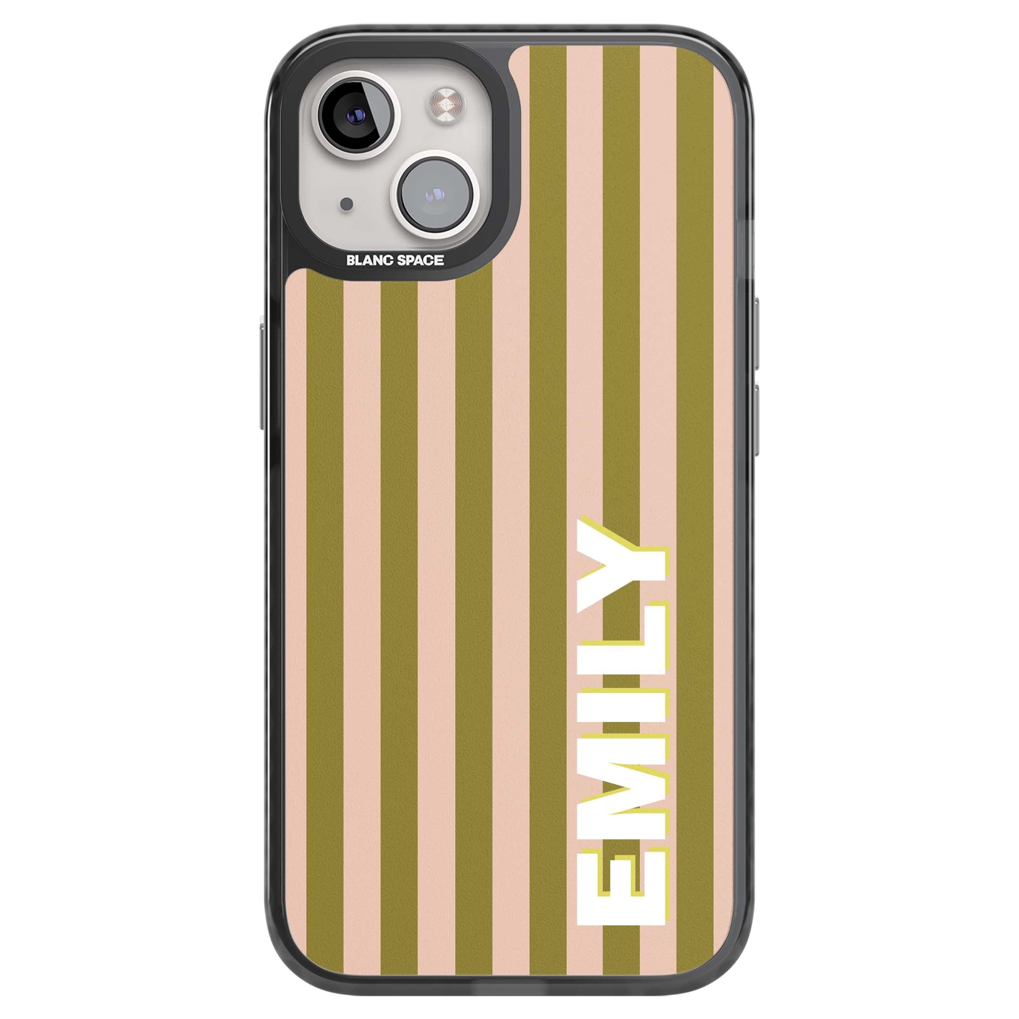 Indian Stripe personalised iPhone case featuring olive green and blush pink vertical stripes with custom name in whit | Black Impact Magsafe case for iPhone 13, iPhone 14, iPhone 15