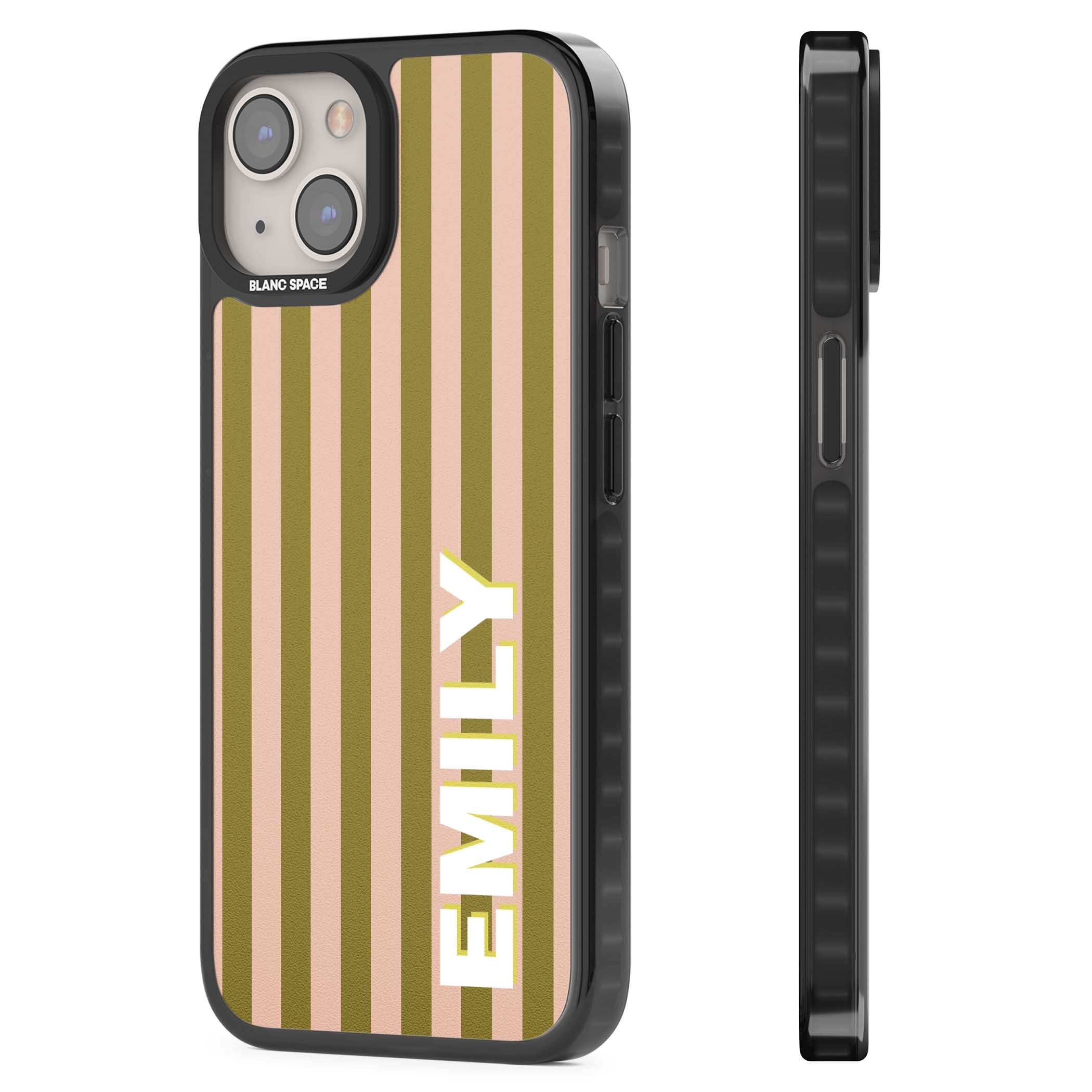Indian Stripe personalised iPhone case featuring olive green and blush pink vertical stripes with custom name in whit | Black Impact Magsafe case for iPhone 13, iPhone 14, iPhone 15