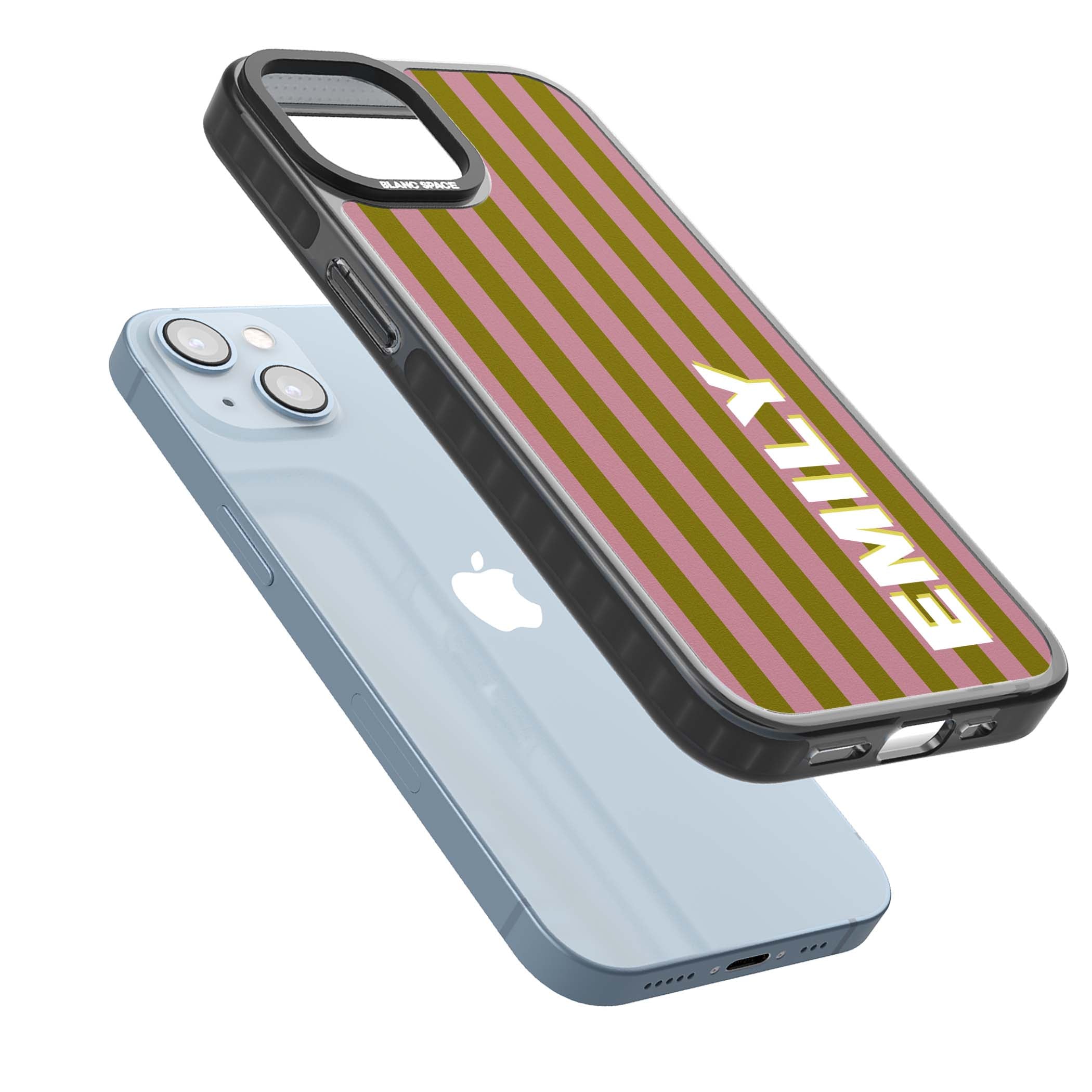 Istanbul Stripe personalised iPhone case featuring pink and olive green vertical stripes with a custom vertical name | Black Impact Magsafe case for iPhone 13, iPhone 14, iPhone 15